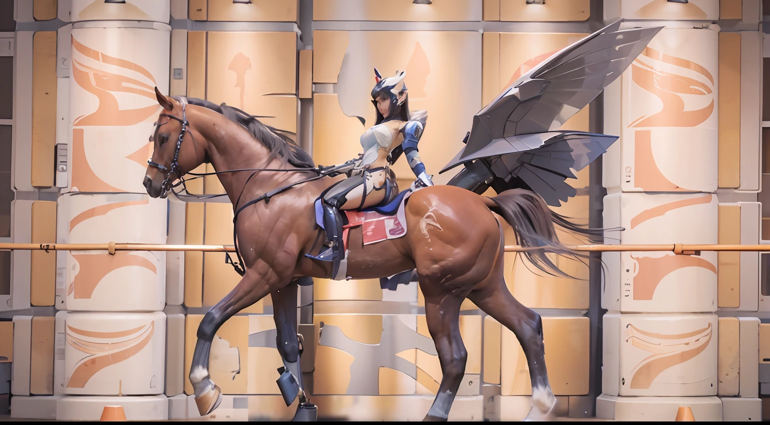 A female centaur，She is famous in the multiverse，She is both a female centaur, half human, half horse, half horse，It is also a female Yingzhao。She blends both images，The first is the head of a horse/neck/Shoulder these parts，After feminization，The upper body transforms into a beautiful female human，Female, half-centaur, half-human, half-horse, half-human，The second is the waist of the horse/hason/gluteal/Legs feminine，Female half-horse with beautiful woman's，Chimer，It's like a female human wearing a half-horse-like costume and making a seamless chimera，This chimerization is based on powerful futuristic technology。The ultra-wide-angle lens captures the image of her sleek and ethereal wings charging and leaping on the ionosphere。Her front half is distinctly feminine，Tall sexy body，Has K cup teardrop-shaped giant tit chest，It has a small man's waist butterfly spanning long legs，The half-horse part of the hind body，Embedded interface in the front half of the body hip position。The horse-shaped, half-horse torso form of her back body is completely female and humanized。A sexy bent dog-style shaped ribcage embedded in the lower back position of the beautiful woman's body from the upper end of the sternum/lower back/Ventral transverse。Then there are the sexy beauty's upright hips，Her entire body has been completely feminized，Including the half-horse part。Mechanized armor covers the legs with knee-shaped anti-joints and feet，And these parts are highly anthropomorphic，This makes her legs graceful and slender，Her four horse legs exploded in length proportions and was slender and toned，Under the legs are skinny white feet dressed in Skyscraper Heels，Use Midjourney's advanced stroke tools and color palettes, as well as texture packs, model packs, and texture tools，Concentration，Femaleize all parts of her original equine physiologic appearance，And give these parts an ergonomic appearance，Fine treatment of the thoracic and abdominal cavity of the posterior body，As well as hips and
