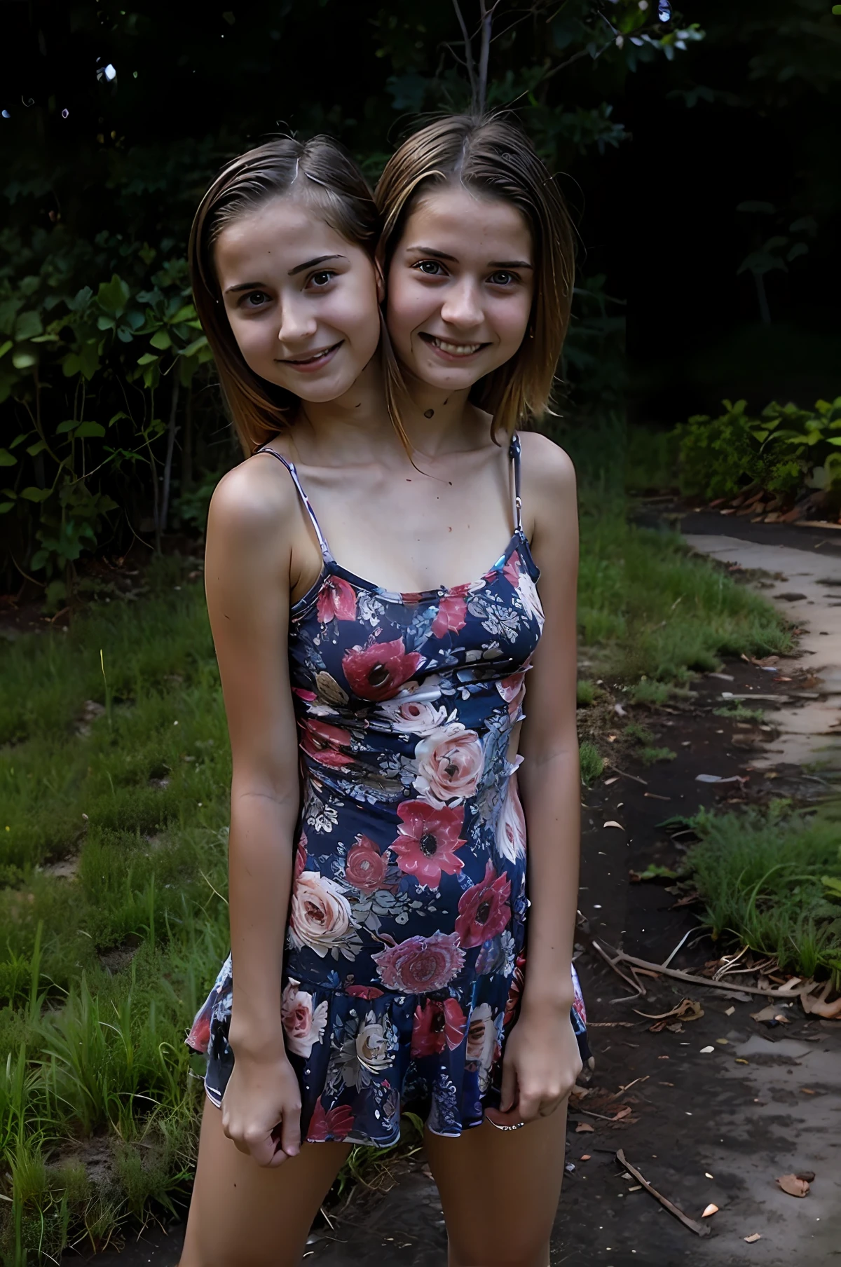 2heads, two headed girl, (14 year old girl:1.5), (female:1.5), (two heads attached to one body:1.4), conjoined twins, heads side by side, one torso, young, uncomfortable, barefoot