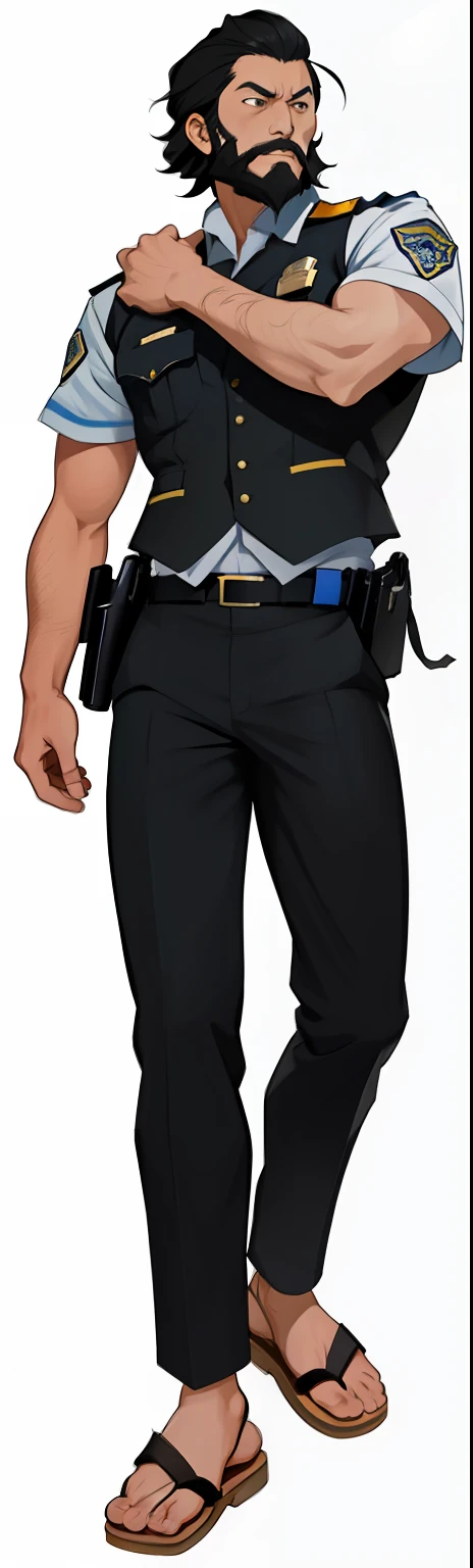 Cartoon image of man in sandals, , full body close-up shot, 「There is a police station in front of Kamei Park」Bad cop Kangyoshi Ryotsu, Short black hair, Beard, Strong