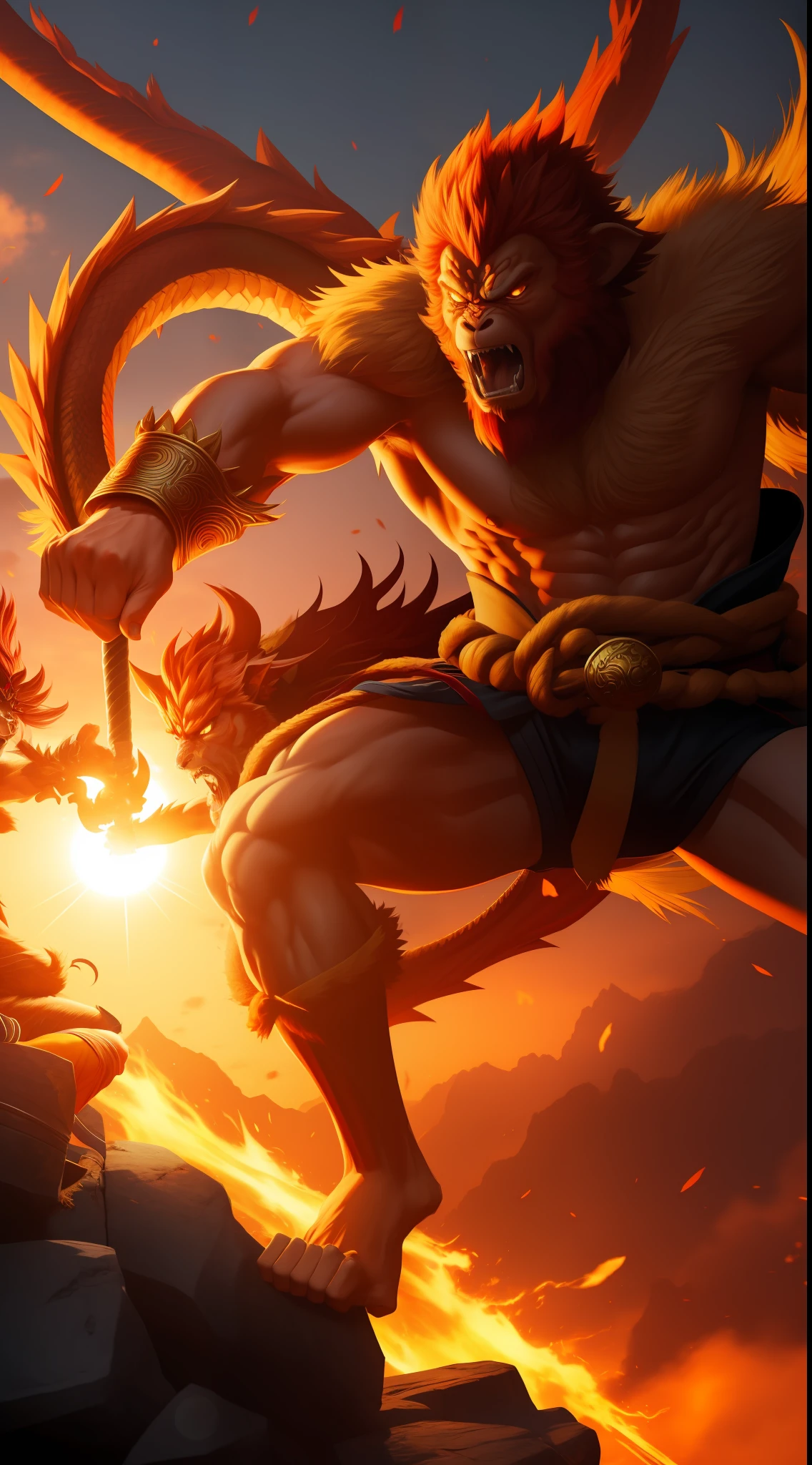 Sun wukong angry mood fight with dragon. cinematic look High quality more realistic 8k