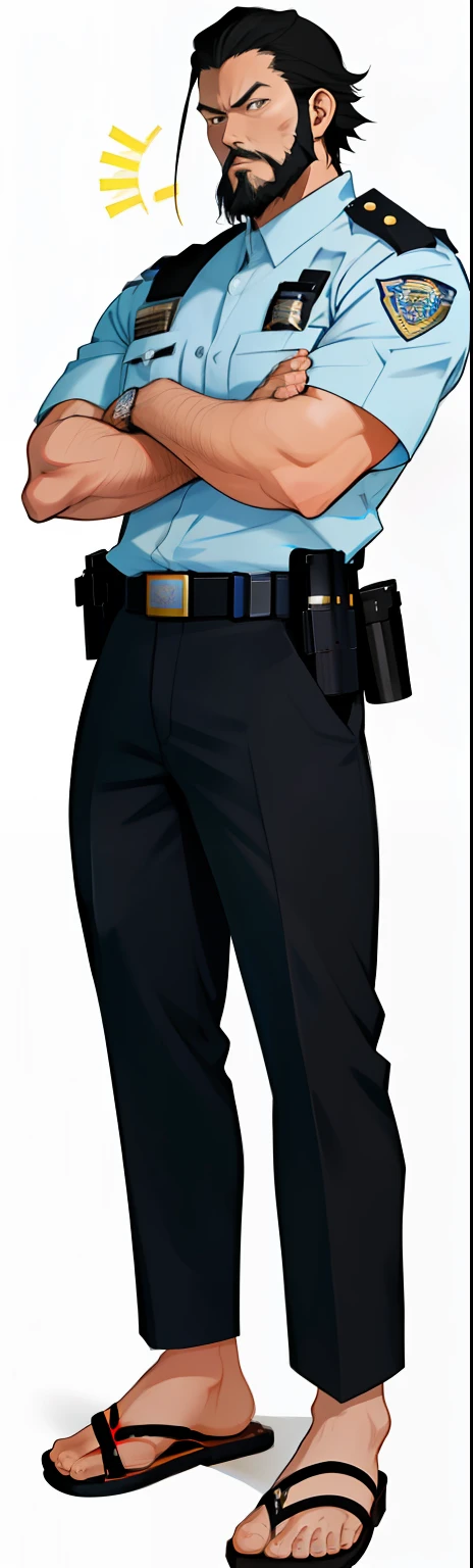 Cartoon image of man in sandals, , full body close-up shot, 「There is a police station in front of Kamei Park」Bad cop Kangyoshi Ryotsu, Short black hair, Beard, Strong