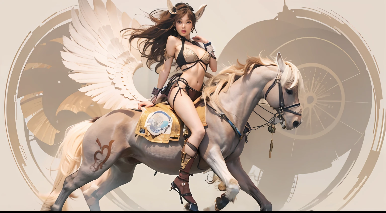 A female centaur,She is famous in the multiverse,She is both a female centaur, half human, half horse, half horse,It is also a female Yingzhao。She blends both images,The first is the head of a horse/neck/Shoulder these parts,After feminization,The upper body transforms into a beautiful female human,Female, half-centaur, half-human, half-horse, half-human,The second is the waist of the horse/hason/gluteal/Legs feminine,Female half-horse with beautiful woman's,Chimer,It's like a female human wearing a half-horse-like costume and making a seamless chimera,This chimerization is based on powerful futuristic technology。The ultra-wide-angle lens captures the image of her sleek and ethereal wings charging and leaping on the ionosphere。Her front half is distinctly feminine,Tall sexy body,Has K cup teardrop-shaped giant tit chest,It has a small man's waist butterfly spanning long legs,The half-horse part of the hind body,Embedded interface in the front half of the body hip position。The horse-shaped, half-horse torso form of her back body is completely female and humanized。A sexy bent dog-style shaped ribcage embedded in the lower back position of the beautiful woman's body from the upper end of the sternum/lower back/Ventral transverse。Then there are the sexy beauty's upright hips,Her entire body has been completely feminized,Including the half-horse part。Mechanized armor covers the legs with knee-shaped anti-joints and feet,And these parts are highly anthropomorphic,This makes her legs graceful and slender,Her four horse legs exploded in length proportions and was slender and toned,Under the legs are skinny white feet dressed in Skyscraper Heels,Use Midjourney's advanced stroke tools and color palettes, as well as texture packs, model packs, and texture tools,Concentration,Femaleize all parts of her original equine physiologic appearance,And give these parts an ergonomic appearance,Fine treatment of the thoracic and abdominal cavity of the posterior body,As well as hips and