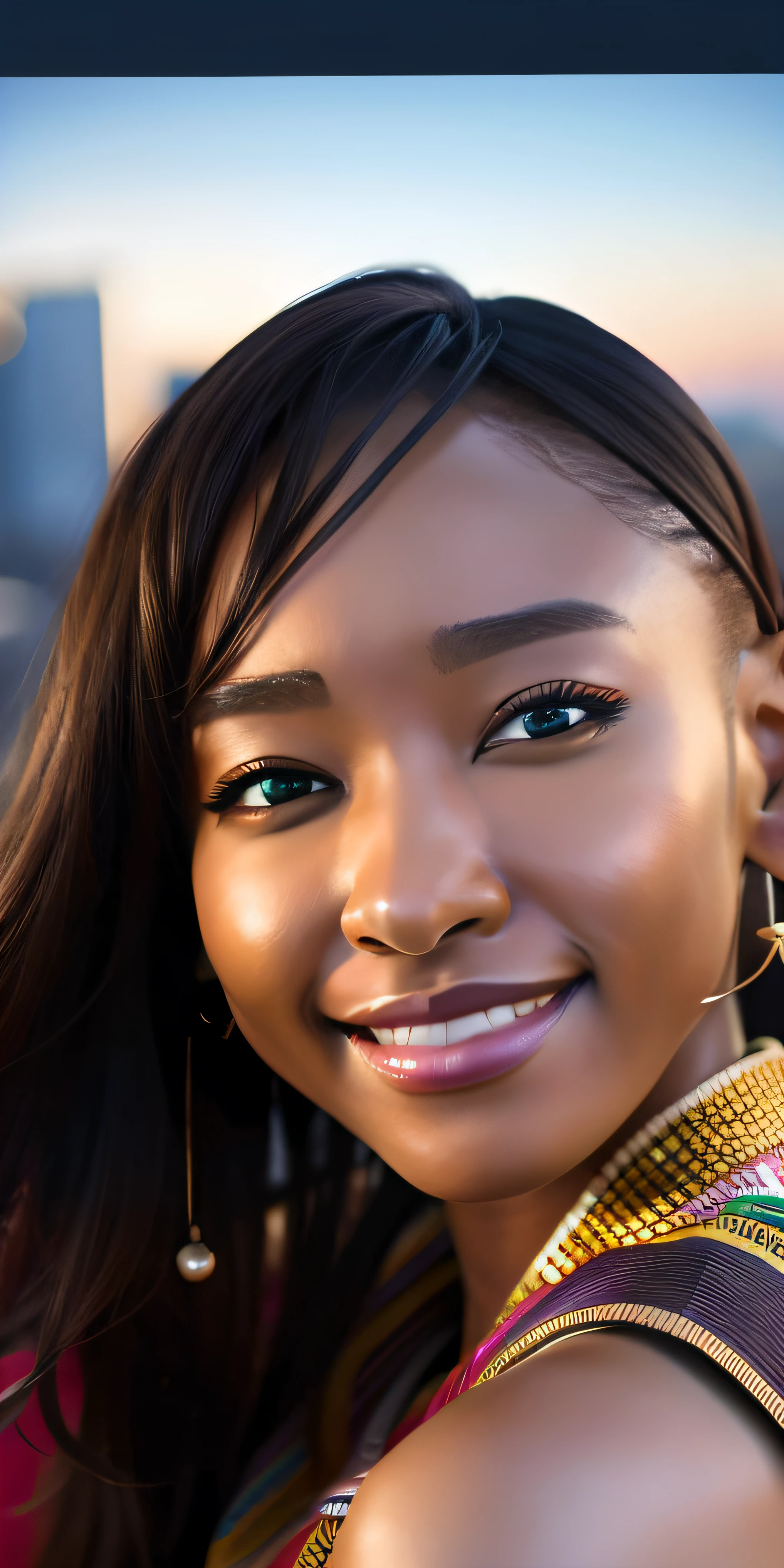 best quality, highly detailed, masterpiece, ultra detailed, illustration, ultra high resolution, (photorealistic: 1.4.8k), city of angola, 1 girl, cute, (colors of africa angola,), night, smile, face , black hair, light face,