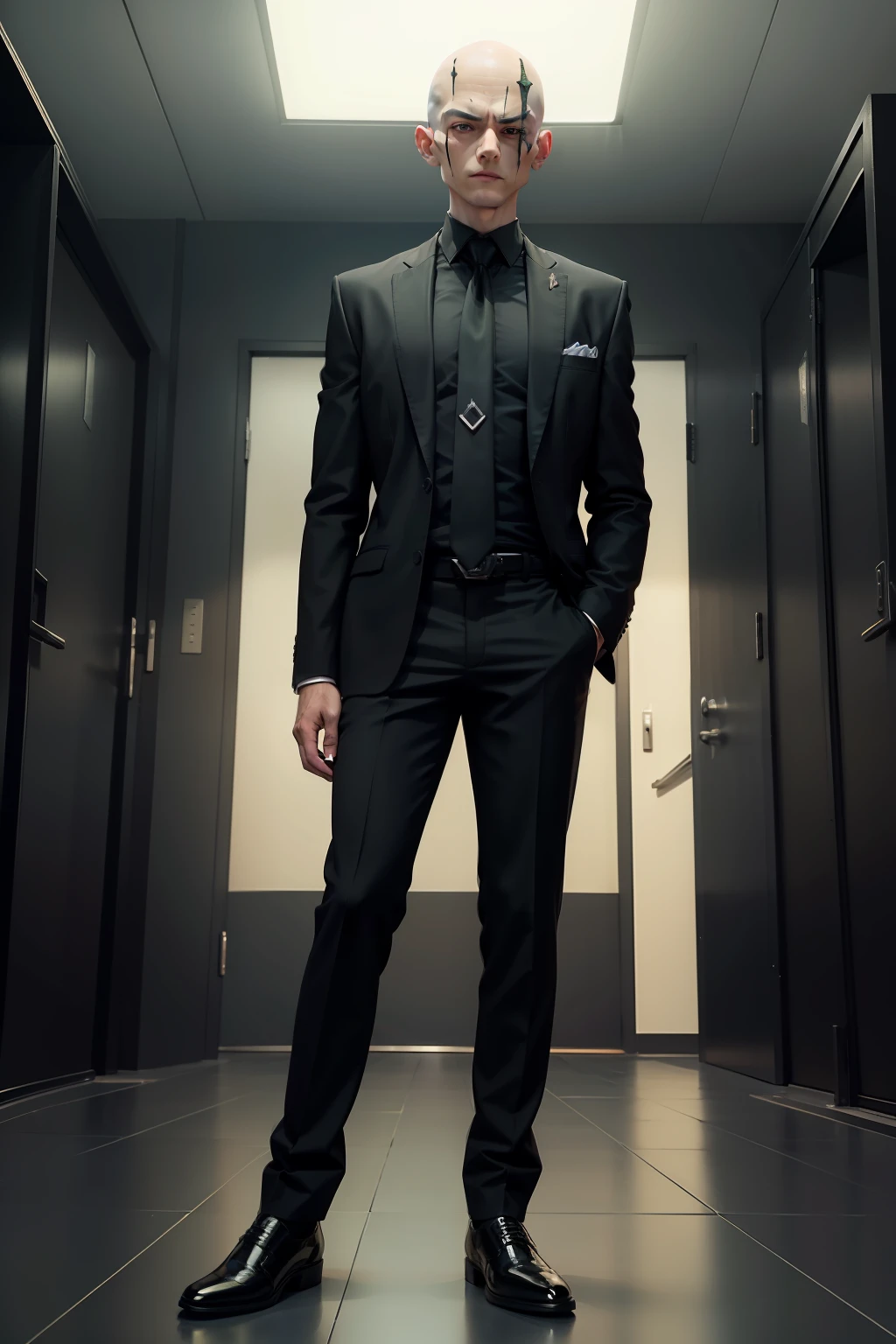 1boy, bald, black footwear, black jacket, black pants, formal, full body, jacket, male focus, necktie, pants, red necktie, shirt, shoes, solo, standing, suit, alien, green scar in his forehead, hi-tech lair backdrop, arms folded, evil smirk, age 40