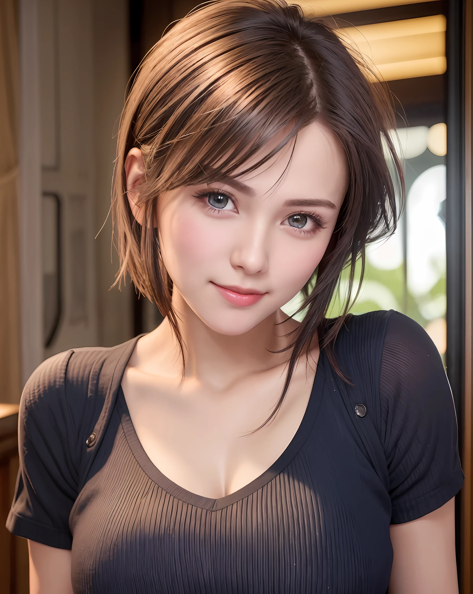 Best Quality, Ultra High Resolution, (Photorealistic: 1.4), Beautiful Eyes, Super Beautiful, Very Short Hair, Beautiful, Sweetheart, T-shirt with Rough Chest, Beautiful Soldier, Eyes That Invite Viewer, Lover's Perspective, Inviting Expression, Sexy Smile, Perfect Style, Perfect Balance, Detailed Skin, Naughty Gaze, Chest Visible