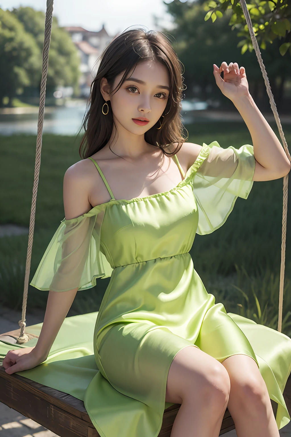 Women Summer Buffing Sleeve Off Shoulder Mini Dress a Line Flowy Swing Dress, lime green, verde claro, cetim, silk vestido de cetim, Seda organza, amarelo, dress with satin strap, silk, satin dres