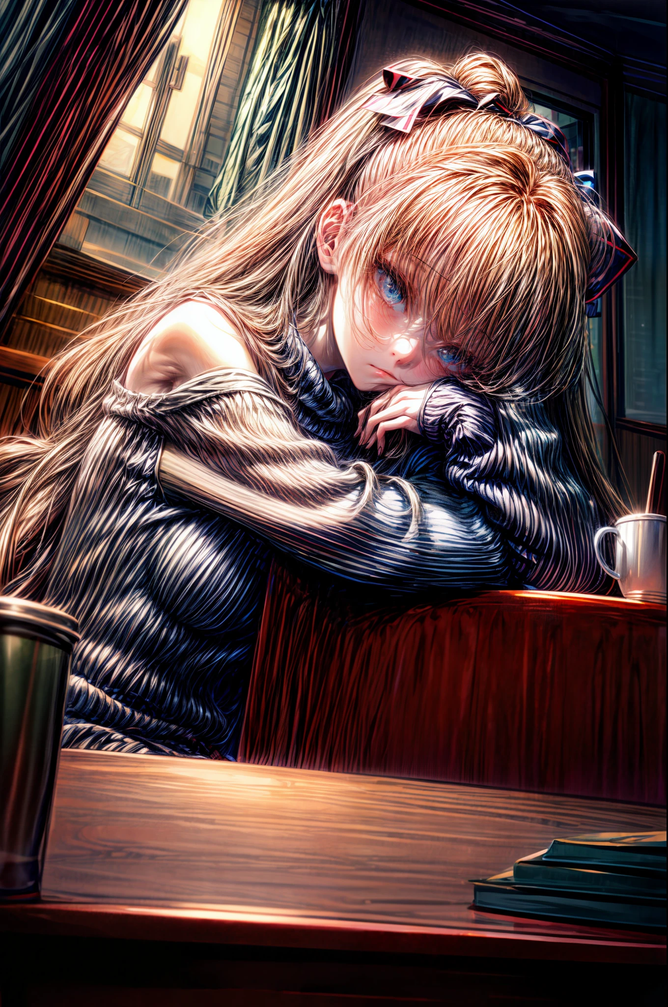 masterpiece, best quality,Reina, 1girl, solo, long hair, window, sitting, indoors, table, sleeves past wrists, cafe, hair bow, head rest, closed mouth, blue sweater, upper body