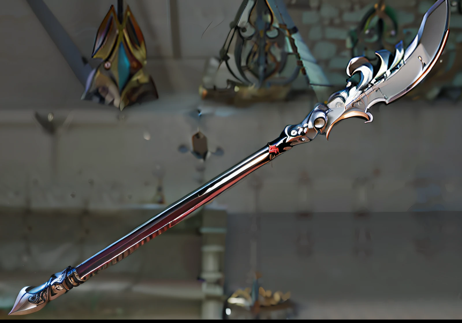 a close-up of a metal and wooden spear with a long blade, arme d'hast, Polearm Glaive, Lance fantastique complexe, realistic spear, hallebarde, War blade weapon, lance, Lance longue, Longsword, lance dans la main droite, tenir la lance, Jiang Sword, Longsword, Personnel du dragon, Armored sword blade, Great Sword, medievil lance