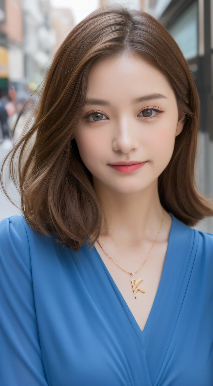 ((best qualtiy, 8k, tmasterpiece:1.3)), Focus:1.2, perfect figure beautiful woman:1.4, Cocked buttocks:1.2, ((Short brown hair)), (Long dress:1.1) , (Sports car, street: 1.2), Highly detailed facial and skin texture, A detailed eye, 二重まぶた,Whiten skin,Flat milk,ssmile,Wear a necklace,gyuru,Blue pupils