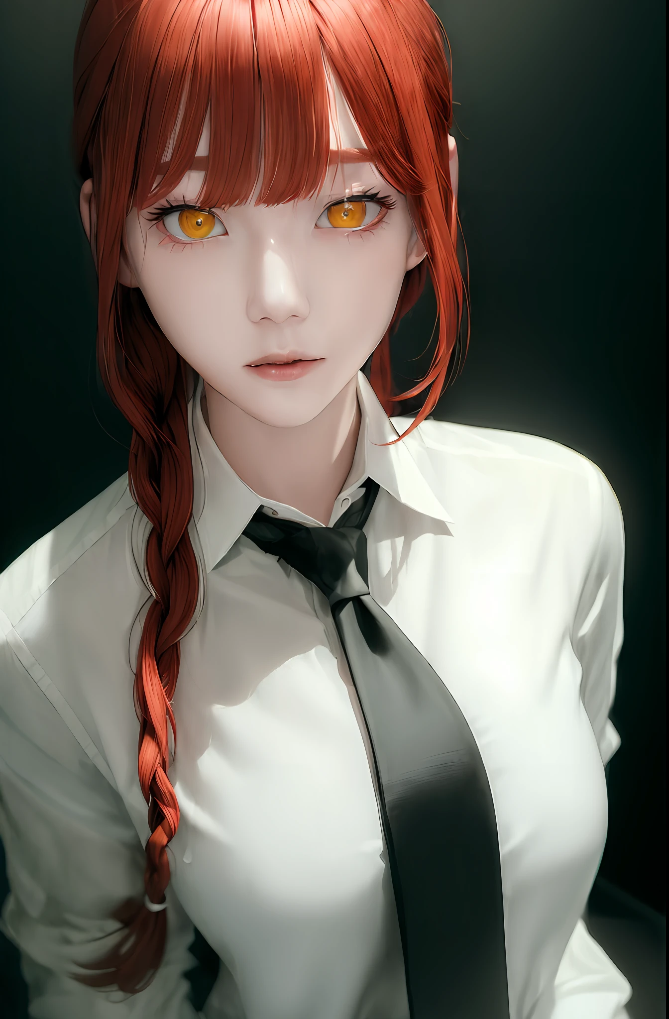(masterpiece:1.4), best quality, beautiful lighting,
(ulzzang-6500:0.5), makima \(chainsaw man\), (red hair)+(long braided hair)+(bangs), yellow eyes, golden eyes, ((ringed eyes)), (white shirt), (black necktie),
RAW photo, 8k uhd, film grain,