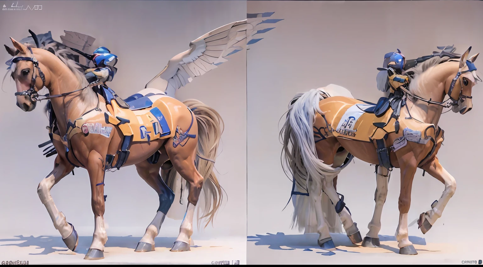A female centaur,She is famous in the multiverse,She is both a female centaur, half human, half horse, half horse,It is also a female Yingzhao。She blends both images,The first is the head of a horse/neck/Shoulder these parts,After feminization,The upper body transforms into a beautiful female human,Female, half-centaur, half-human, half-horse, half-human,The second is the waist of the horse/hason/gluteal/Legs feminine,Female half-horse with beautiful woman's,Chimer,It's like a female human wearing a half-horse-like costume and making a seamless chimera,This chimerization is based on powerful futuristic technology。The ultra-wide-angle lens captures the image of her sleek and ethereal wings charging and leaping on the ionosphere。Her front half is distinctly feminine,Tall sexy body,Has K cup teardrop-shaped giant tit chest,It has a small man's waist butterfly spanning long legs,The half-horse part of the hind body,Embedded interface in the front half of the body hip position。The horse-shaped, half-horse torso form of her back body is completely female and humanized。A sexy bent dog-style shaped ribcage embedded in the lower back position of the beautiful woman's body from the upper end of the sternum/lower back/Ventral transverse。Then there are the sexy beauty's upright hips,Her entire body has been completely feminized,Including the half-horse part。Mechanized armor covers the legs with knee-shaped anti-joints and feet,And these parts are highly anthropomorphic,This makes her legs graceful and slender,Her four horse legs exploded in length proportions and was slender and toned,Under the legs are skinny white feet dressed in Skyscraper Heels,Use Midjourney's advanced stroke tools and color palettes, as well as texture packs, model packs, and texture tools,Concentration,Femaleize all parts of her original equine physiologic appearance,And give these parts an ergonomic appearance,Fine treatment of the thoracic and abdominal cavity of the posterior body,As well as hips and