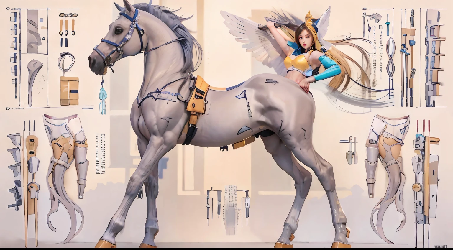 A female centaur，She is famous in the multiverse，She is both a female centaur, half human, half horse, half horse，It is also a female Yingzhao。She blends both images，The first is the head of a horse/neck/Shoulder these parts，After feminization，The upper body transforms into a beautiful female human，Female, half-centaur, half-human, half-horse, half-human，The second is the waist of the horse/hason/gluteal/Legs feminine，Female half-horse with beautiful woman's，Chimer，It's like a female human wearing a half-horse-like costume and making a seamless chimera，This chimerization is based on powerful futuristic technology。The ultra-wide-angle lens captures the image of her sleek and ethereal wings charging and leaping on the ionosphere。Her front half is distinctly feminine，Tall sexy body，Has K cup teardrop-shaped giant tit chest，It has a small man's waist butterfly spanning long legs，The half-horse part of the hind body，Embedded interface in the front half of the body hip position。The horse-shaped, half-horse torso form of her back body is completely female and humanized。A sexy bent dog-style shaped ribcage embedded in the lower back position of the beautiful woman's body from the upper end of the sternum/lower back/Ventral transverse。Then there are the sexy beauty's upright hips，Her entire body has been completely feminized，Including the half-horse part。Mechanized armor covers the legs with knee-shaped anti-joints and feet，And these parts are highly anthropomorphic，This makes her legs graceful and slender，Her four horse legs exploded in length proportions and was slender and toned，Under the legs are skinny white feet dressed in Skyscraper Heels，Use Midjourney's advanced stroke tools and color palettes, as well as texture packs, model packs, and texture tools，Concentration，Femaleize all parts of her original equine physiologic appearance，And give these parts an ergonomic appearance，Fine treatment of the thoracic and abdominal cavity of the posterior body，As well as hips and