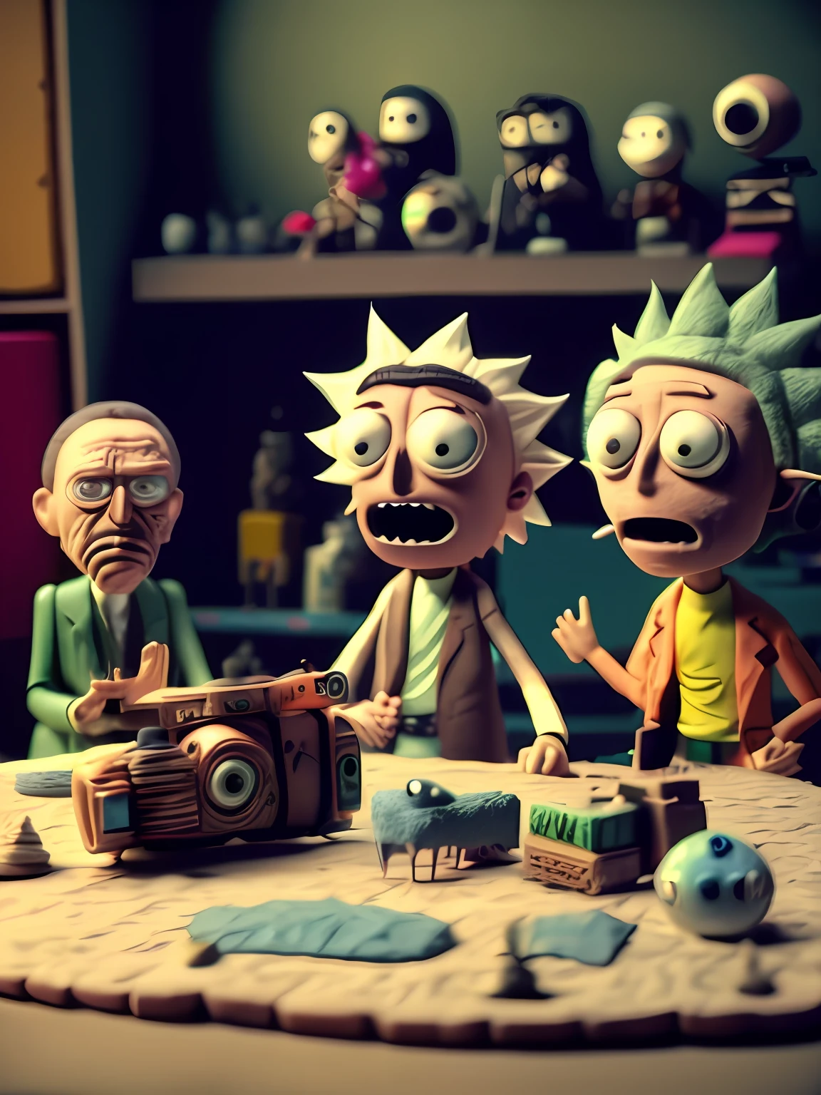 STOP-MOTION ANIMATION style photograph 1990s claymation Rick and morty scene, hyper realistic, HD, HDR, 4K, 4k UHD