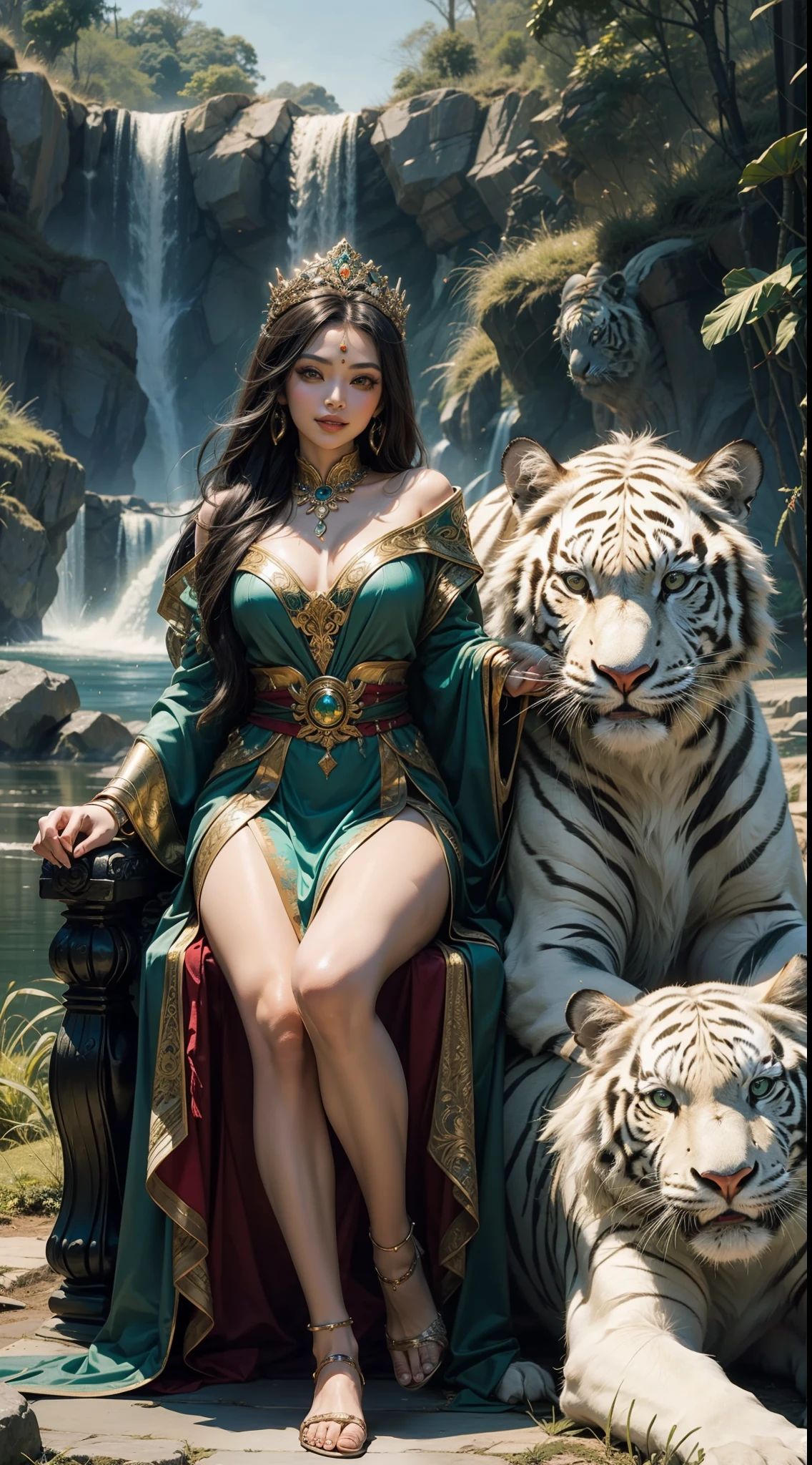 "Goddess of West Java adorned in vibrant green attire, cascading long hair, piercing eyes, alluring smile, reclining seductively on a majestic throne, accompanied by a magnificent white tiger, amidst an enchanting mystical backdrop."