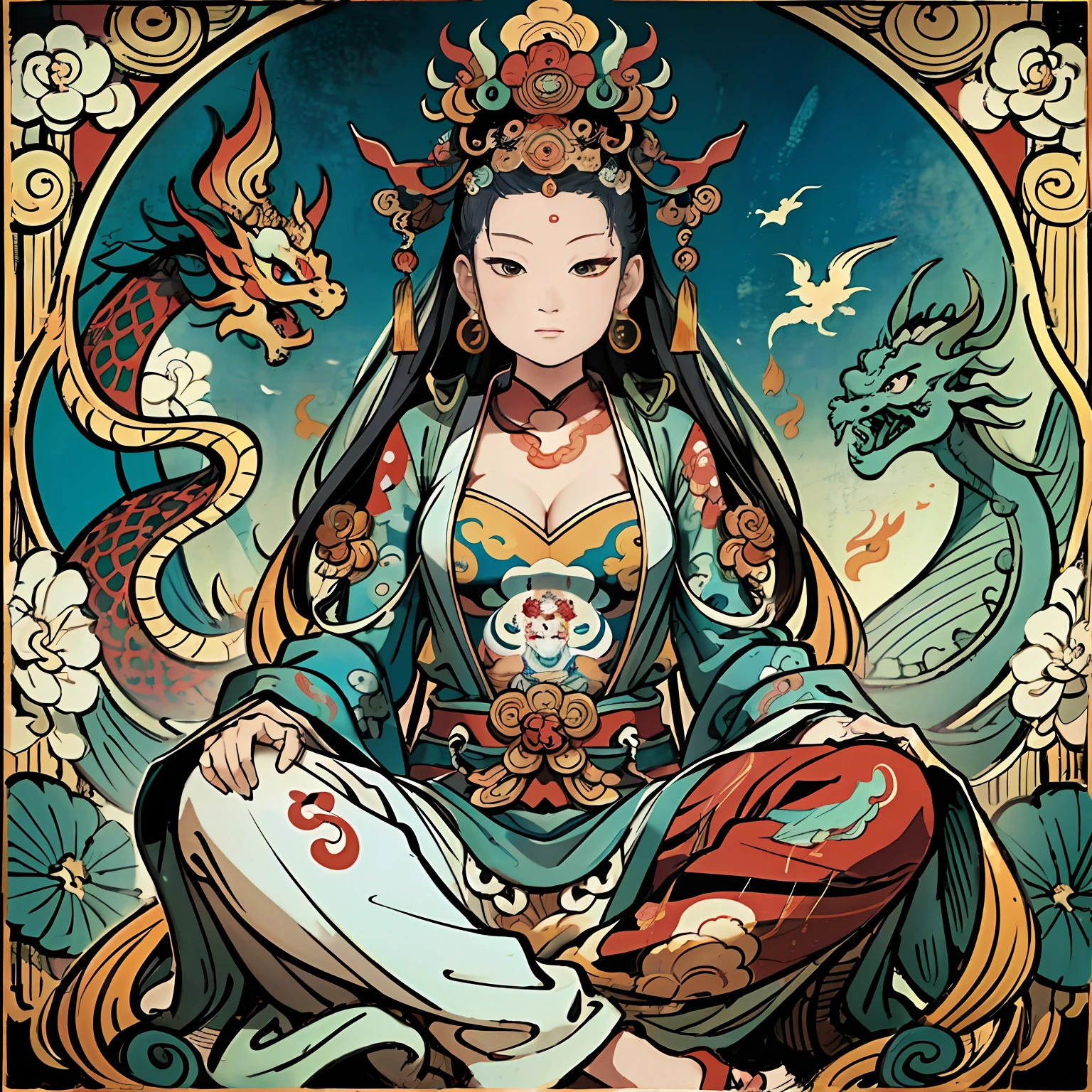 an ancient Chinese goddess, guanyin of the southern seas, Guanyin, Inspired by India, Avalokiteshvara rides a dragon,Serene expression,shui mo hua,Buddha,Buddhist,Lotus,Chinese painting style,Thangka style