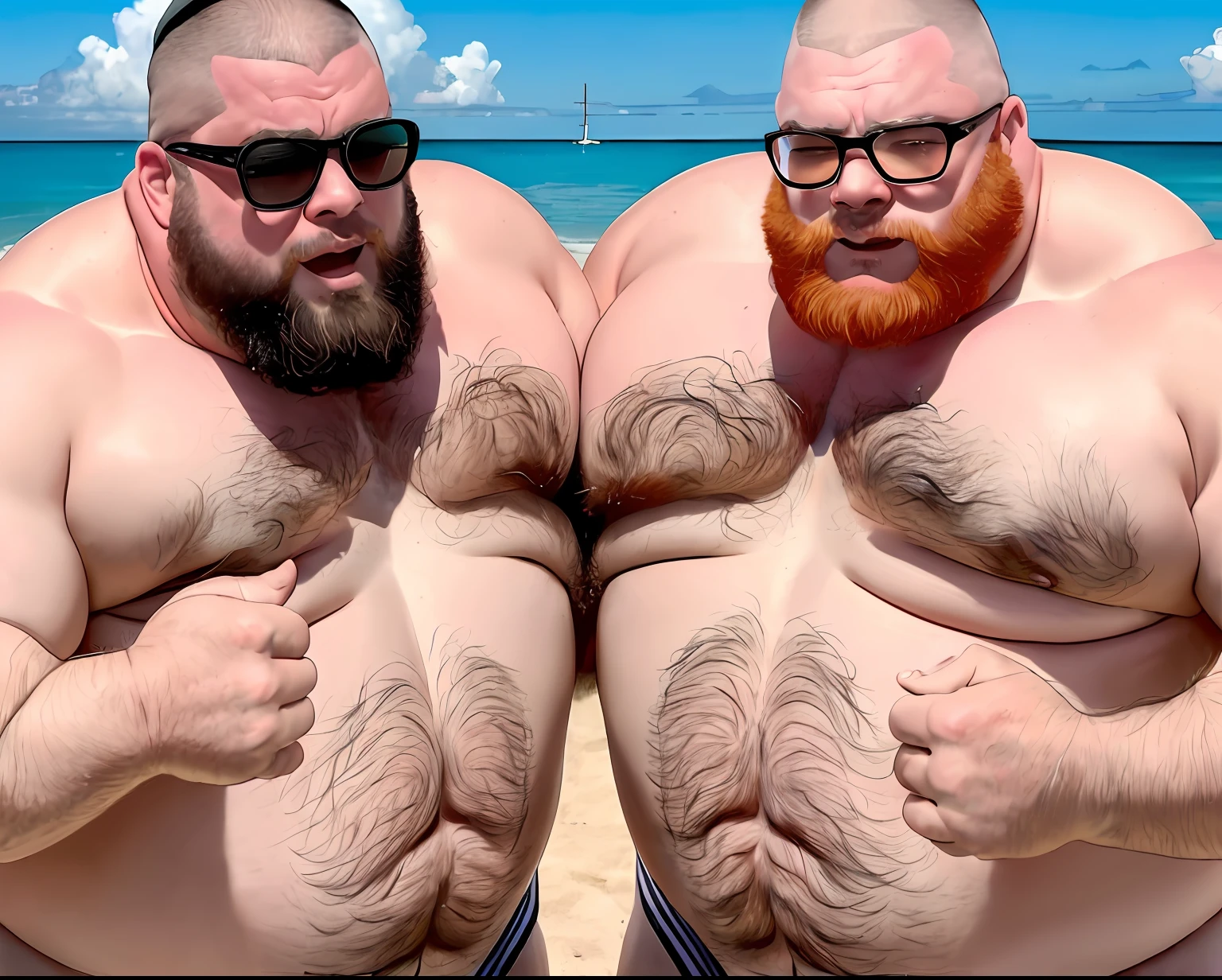 Realistic picture of two huge identical old chubby dads facing ready to wrestle on the beach. Identical Beards, bald men. (Doppelgangers:2.0), (Twins:2.0), identical men, one wears red Speedos another wears blue speedos, huge Speedos bulges. Huge round bellies. Agressive, stare off, mirror images.