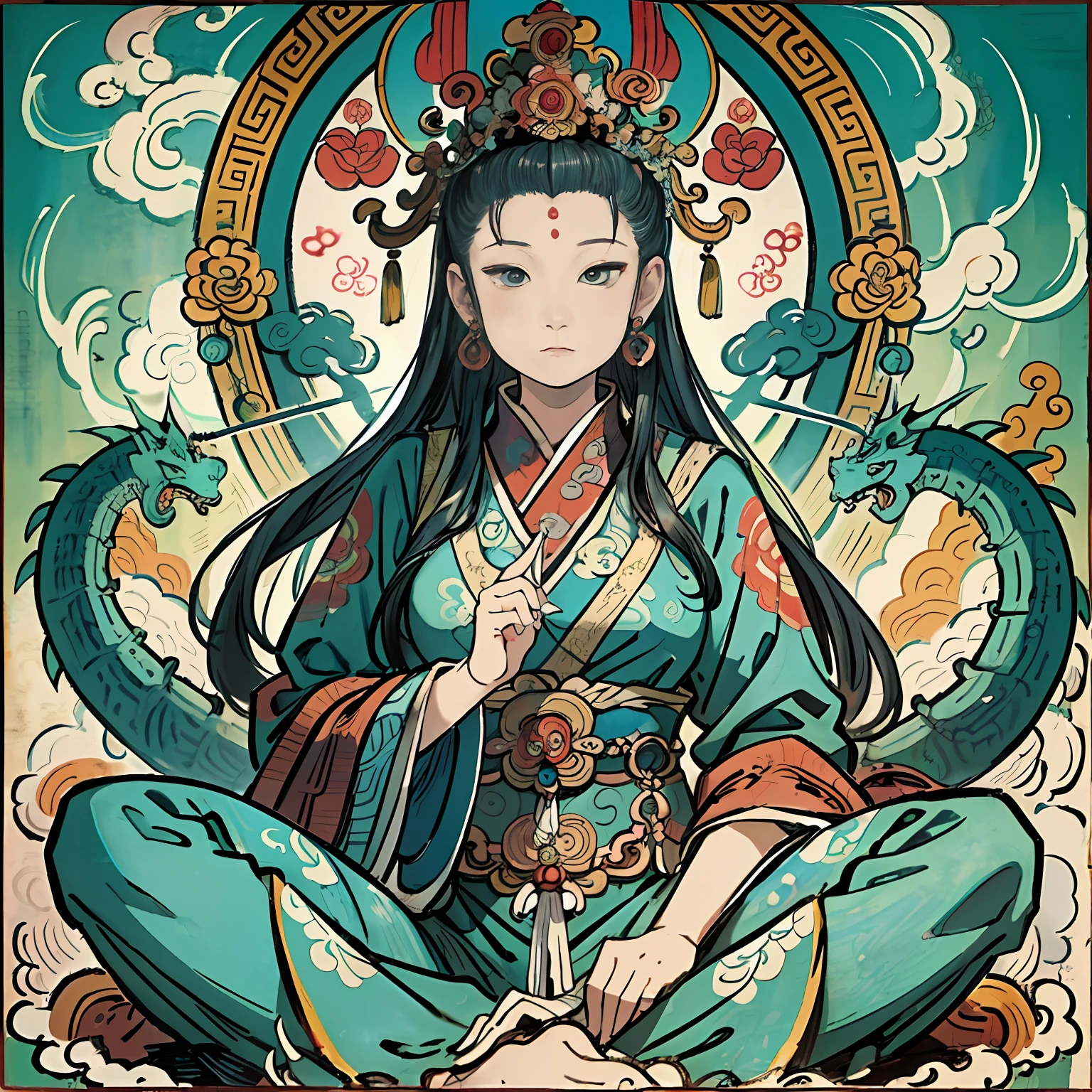 an ancient Chinese goddess, guanyin of the southern seas, Guanyin, Inspired by India, Avalokiteshvara rides a dragon,Serene expression,shui mo hua,Buddha,Buddhist,Lotus,Chinese painting style,Thangka style