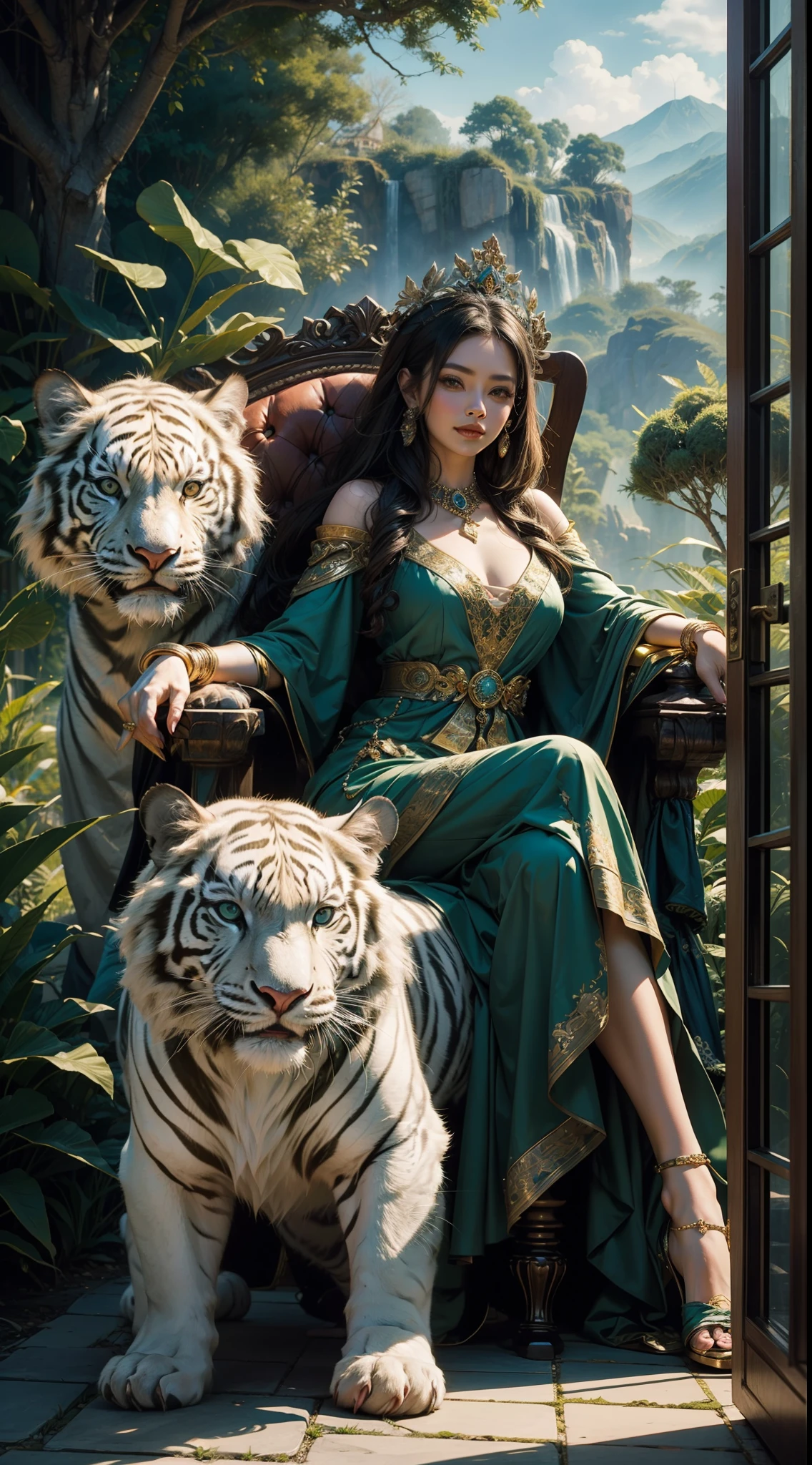 "Goddess of West Java adorned in vibrant green attire, cascading long hair, piercing eyes, alluring smile, reclining seductively on a majestic throne, accompanied by a magnificent white tiger, amidst an enchanting mystical backdrop."