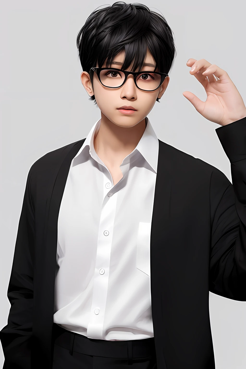 Black layered hairstyle, narrow eyes, glasses, white shirt, Clap, anime,boy