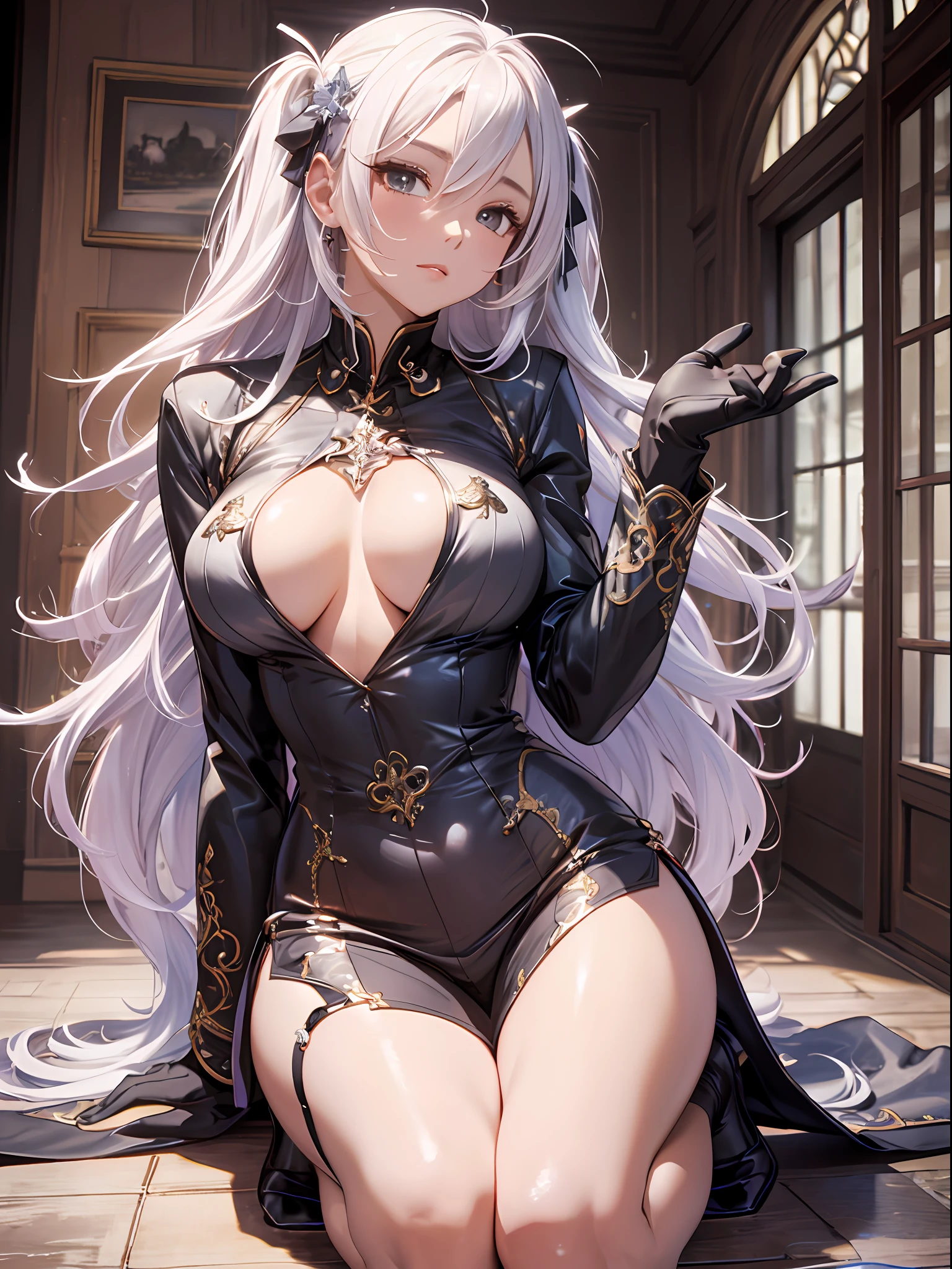 (Enrich the picture,Masterpiece level quality)Beautiful 8K CG artwork,Goddess-like posture,Kneeling exercise,Slim and soft,Translucent skin,White hair、The aesthetic look of extra-long hair and messy hair,The skin is fair and juicy,Big JK Uniform,Perspective Part 1.2x enhanced silhouette effect,Exquisite transparent blues pattern in pajamas,The details are intricate and exquisite,The background is slightly blurred,Charming and lustful leg seduction,Drool,Extra-large big breasts,Blush,