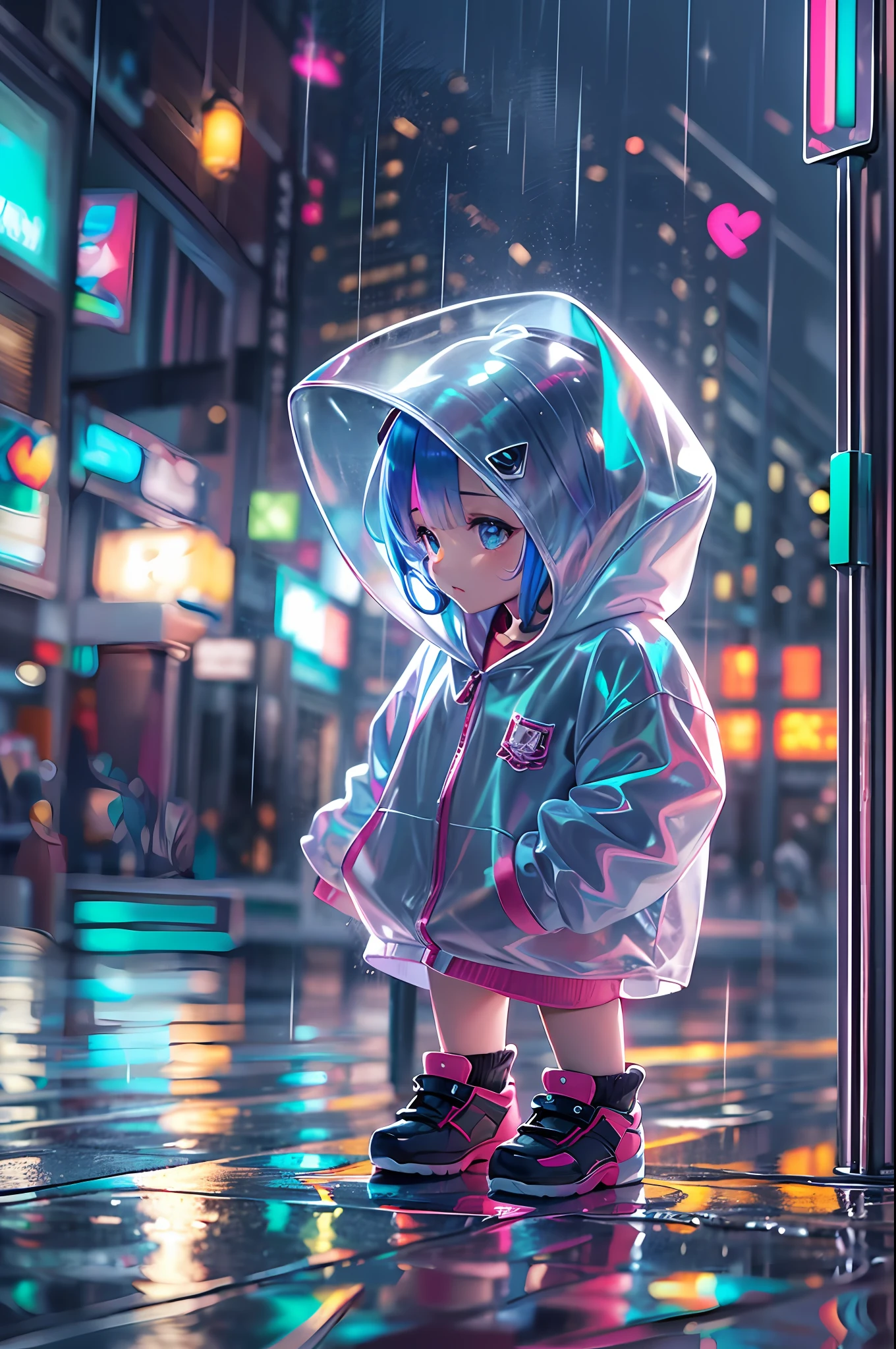 Super cute Q version baby girl Rem standing in the rain in a clear plastic hoodie, illustration iridescent, magically glowing, shiny colorful, holograph, By Yuumei, Anime art wallpaper 8 K, Guviz-style artwork, Anime art wallpaper 4k, Anime art wallpaper 4 K, Beautiful anime artwork, Digital anime art, Guviz,(full bodyesbian:1.5)