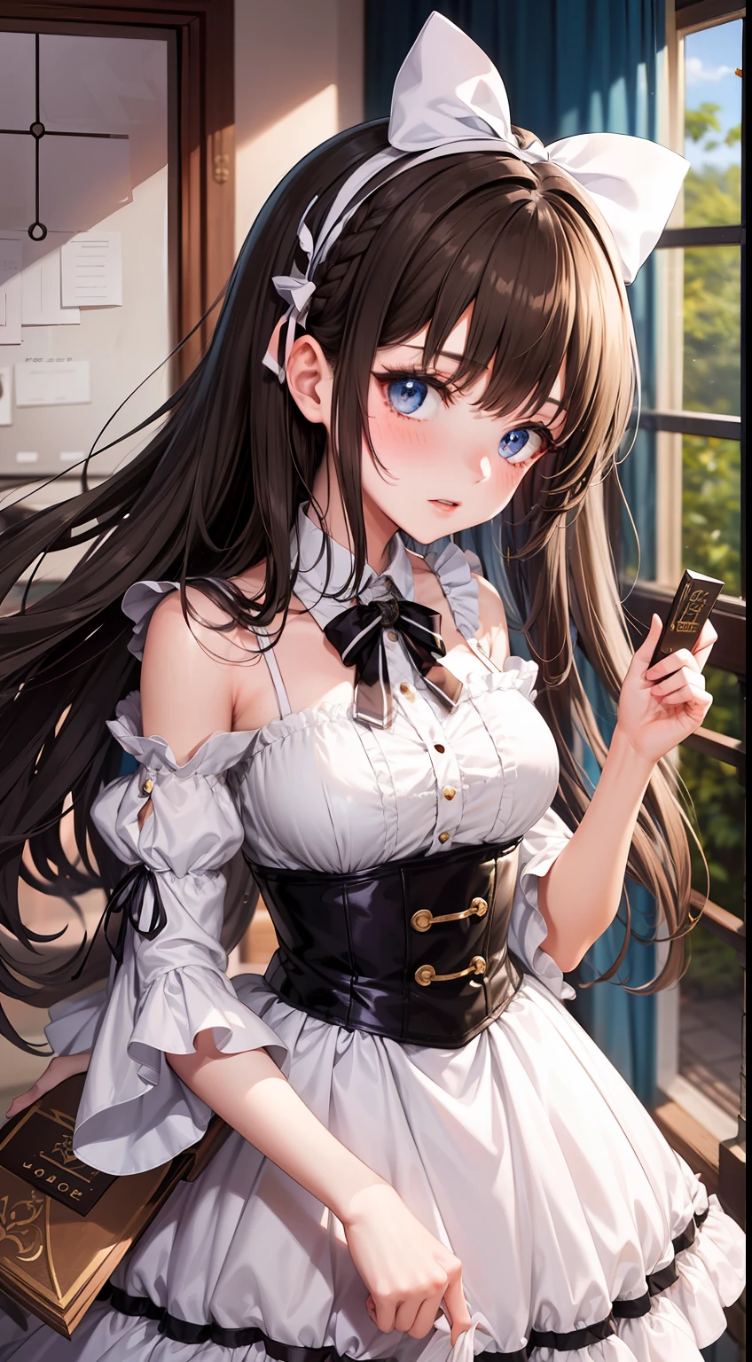 absurdress、Ultra Verbose、best qulaity、offical art、break、Chocolate、Beautiful highschool girl、break、brown、Slightly colored hair、Red eyes、Long dress、Valentine's Day、break、Country of sweets、Lots of colorful sweets、Gumi Break、Half-sleeved、skirts、Shoulders bare、break、Chocolate Book、break、White ribbon、break、