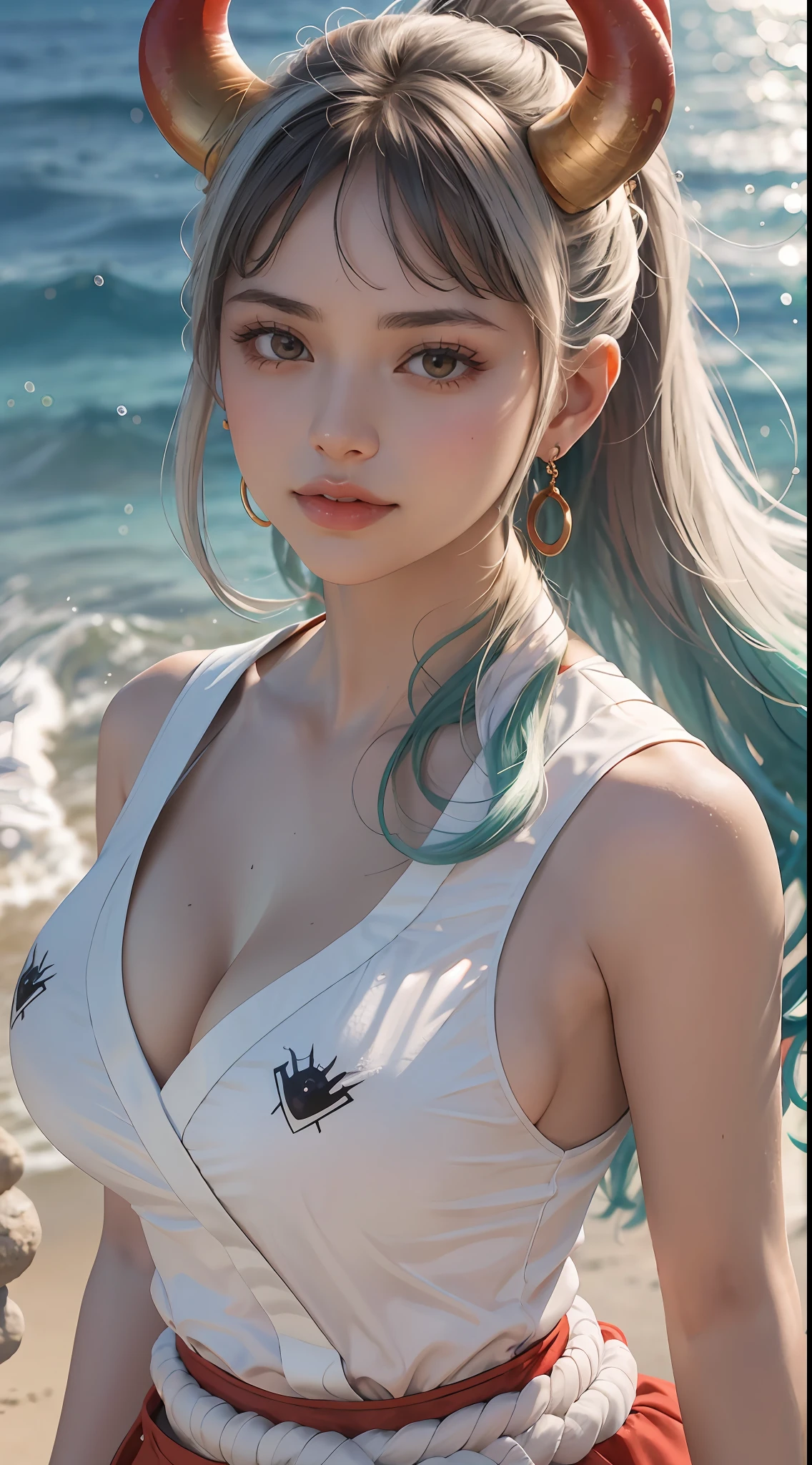 Masterpiece, Best quality, 1womanl, A high resolution,  Beautiful girl ,  yamatowanpi，Large breasts，cleavage，White color blouse，looks into camera，Bust photo，Raised sexy，Be red in the face，Sea background，ssmile