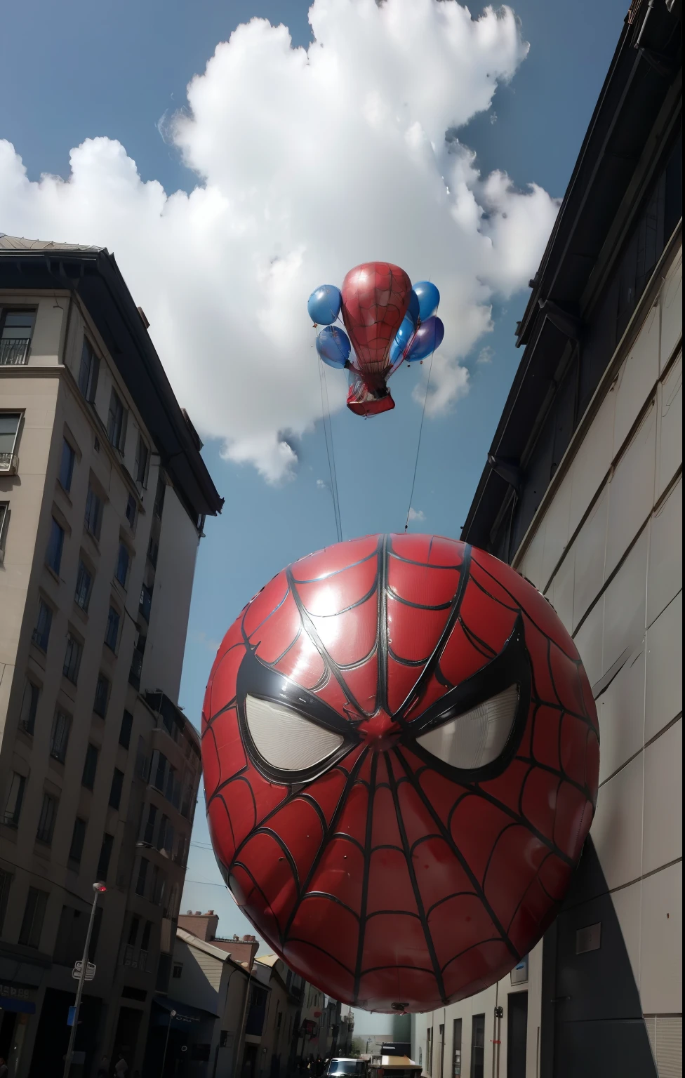 a hotballon look like Spiderman head flying up in sky