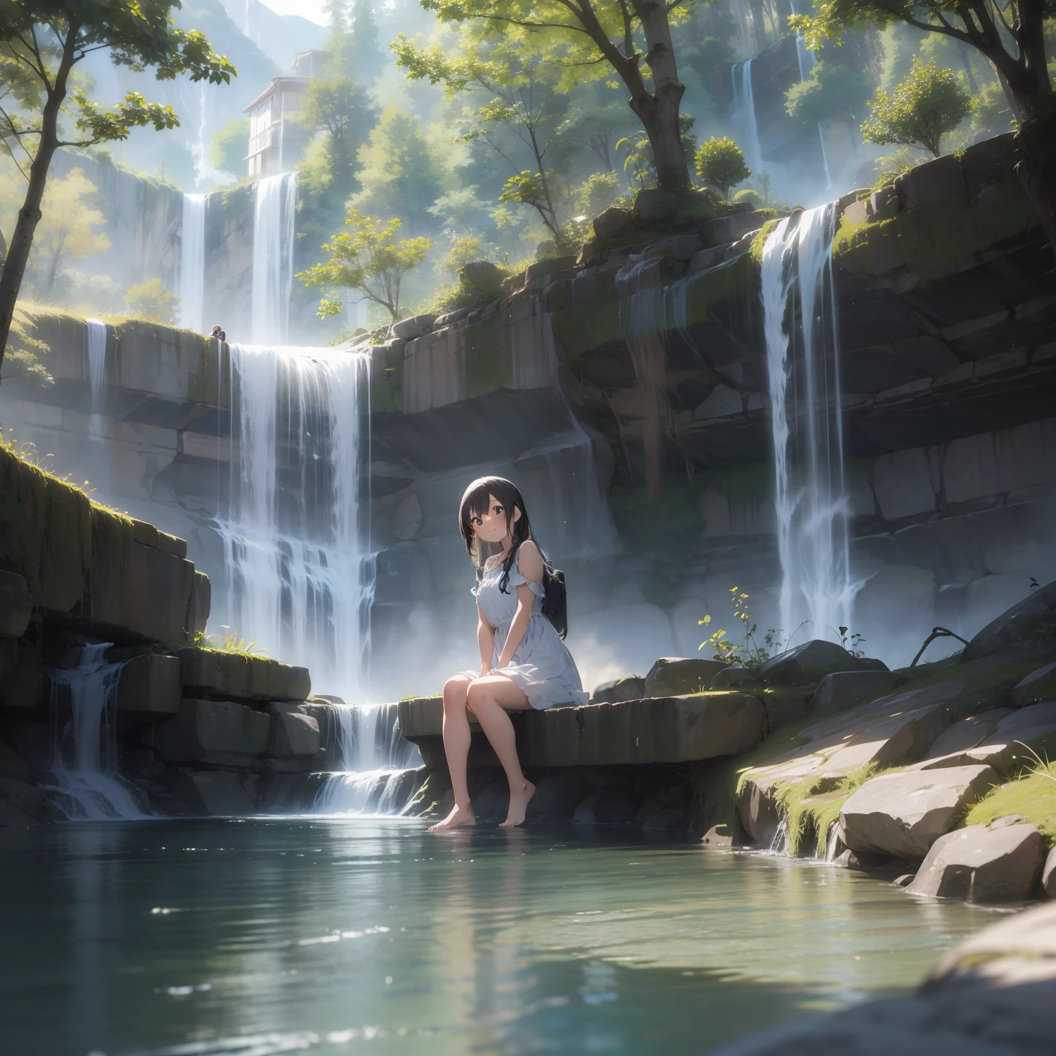 masterpiece、Beautiful images、high-level image quality、Definition image quality、独奏、Very pretty girl、Girl in light beautiful dress sitting by a stream with crystal clear water、A girl was cooling off barefoot in the water of the river、Healing smile、break Camera angle from diagonally above、A green world stretches around the creek、There was a healing space where you can feel negative ions、A large waterfall is nearby、Healthy skin and glow、