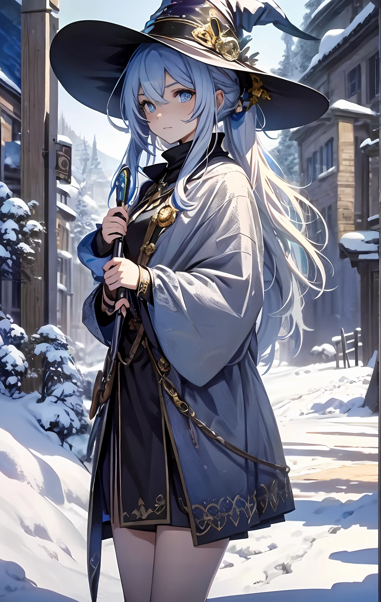 best qualityer，tmasterpiece，Ultimate resolution，downy，Extremely colorful，Colorful，The Witch，Long silver-blue hair，hair-bun，a matural female，Witch long-distance running，Magic Hat，Golden Hoop Stick，snow country，Lost snow，Normal posture