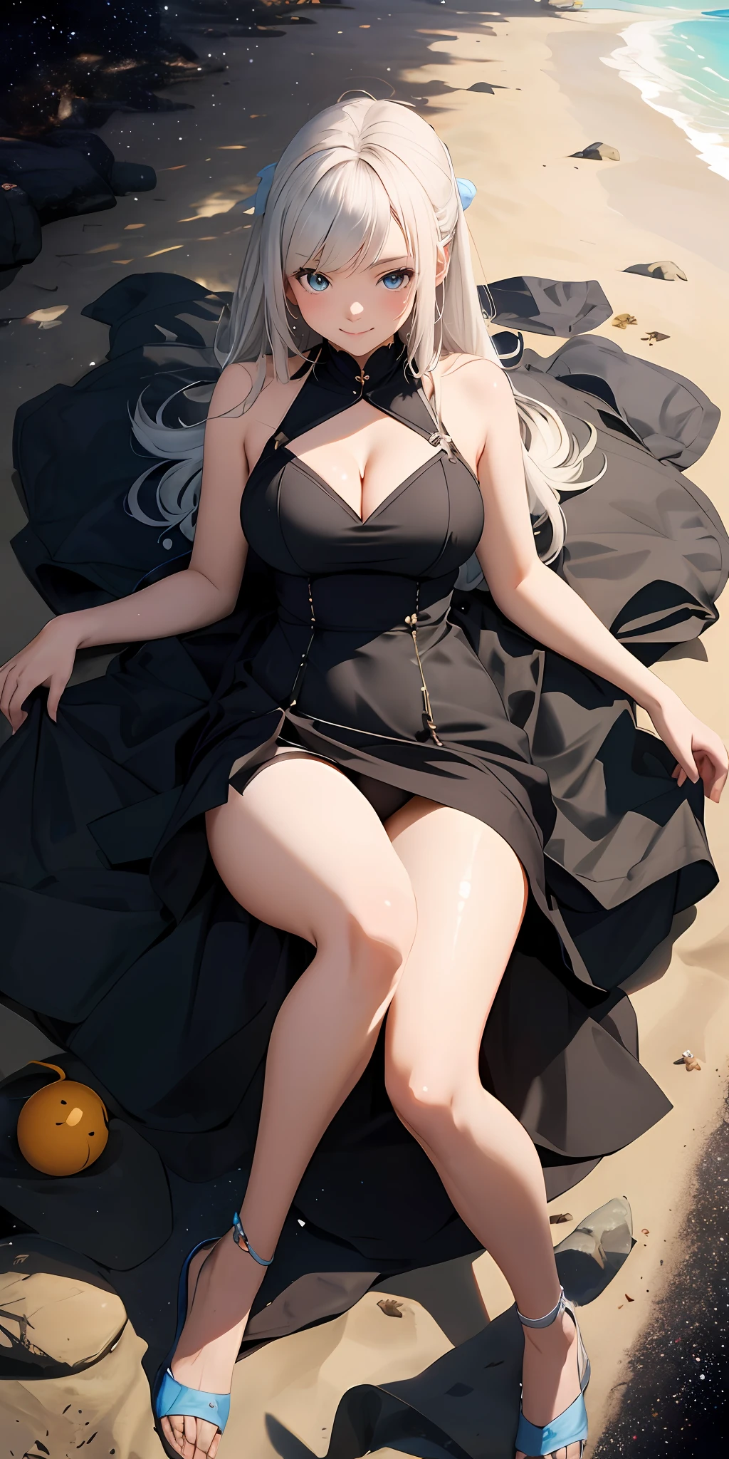 Black Dress、Black panties、cleavage of the breast、Anime woman lying on the beach, artwork in the style of guweiz, guweiz on artstation pixiv, guweiz on pixiv artstation, guweiz, Anime Woman in a Black Dress Gwetz's Masterpiece, wlop and krenz cushart、A smile、Wet crotch、agitation、embarrassed from、exalted、The nose is red、