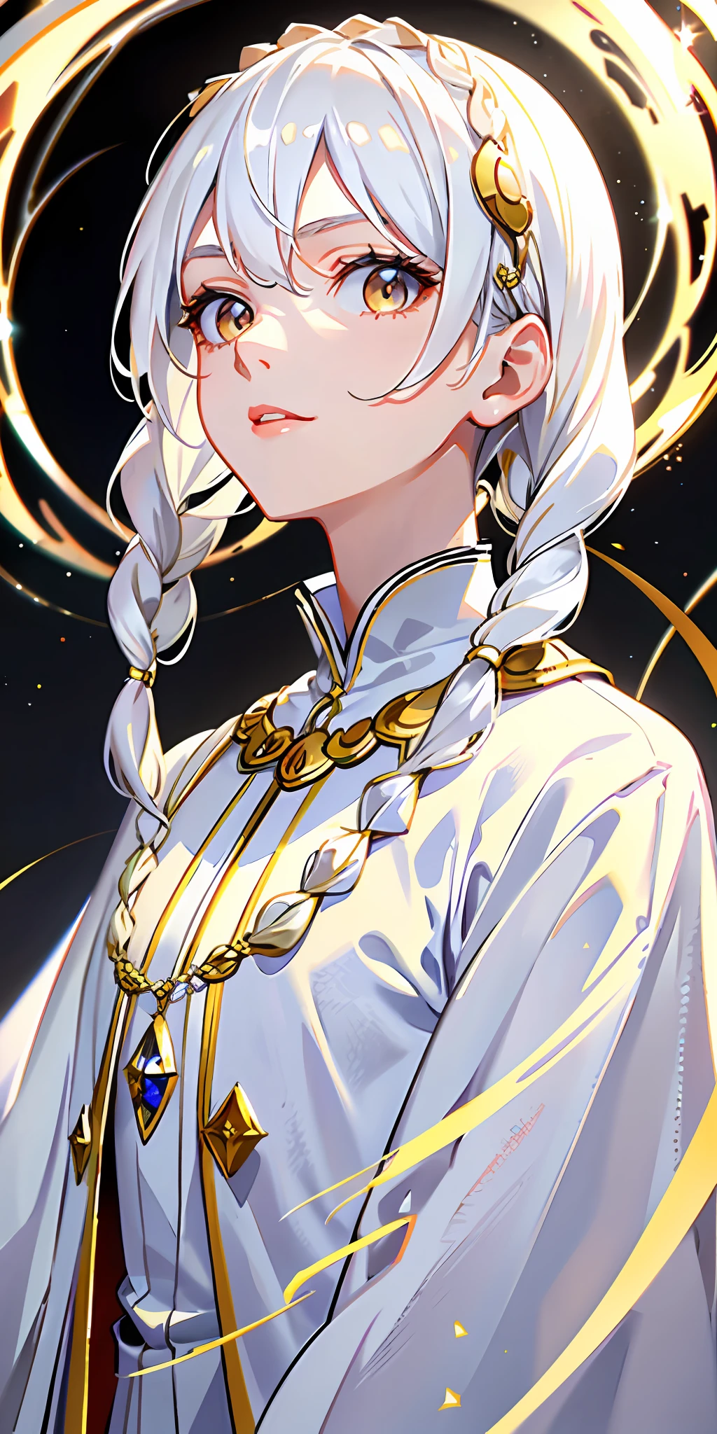 best quality, masterpiece,white hair, gold eyes,white clothes, looking up, upper body,hair strand,Fair skin,side braids