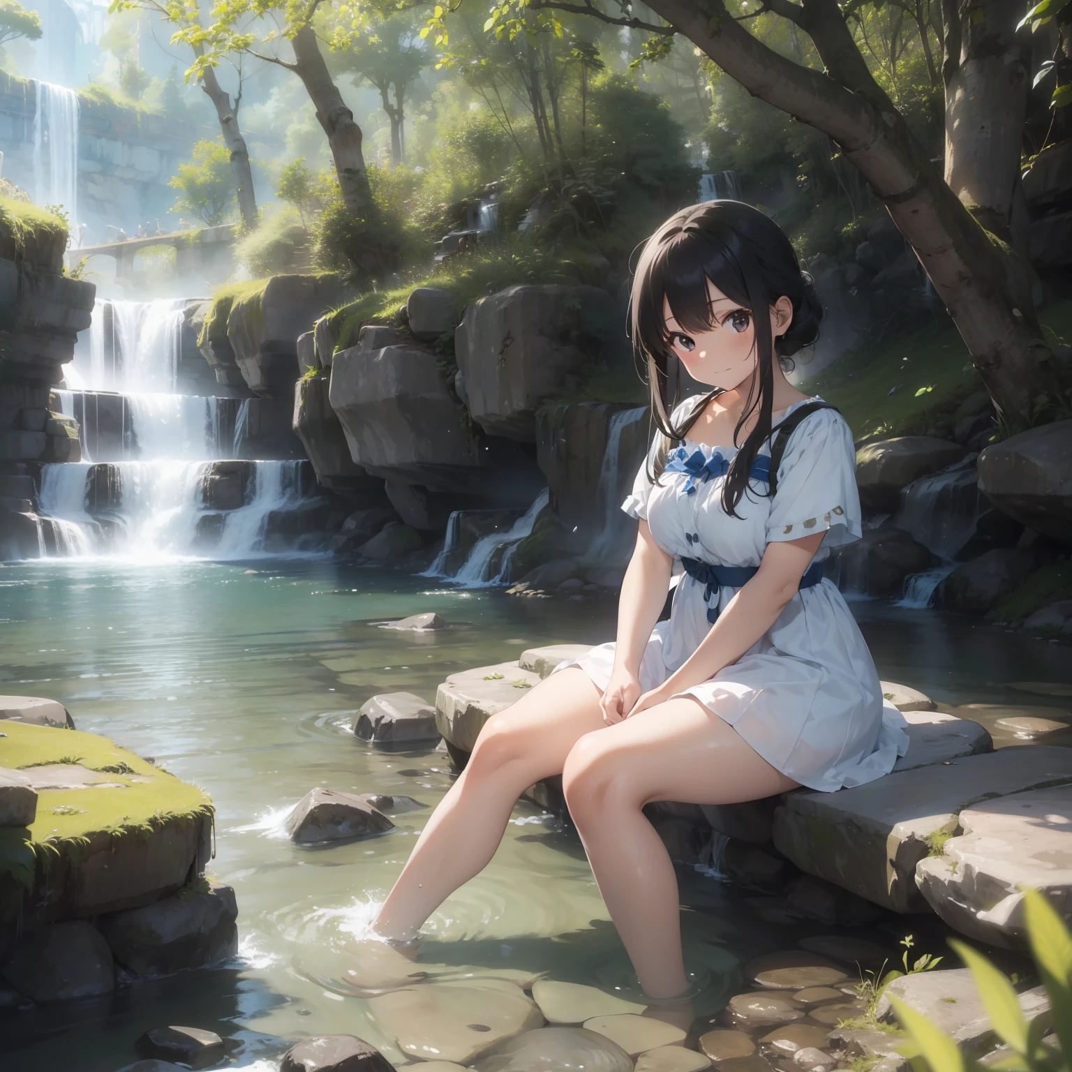 masterpiece、Beautiful images、high-level image quality、Definition image quality、独奏、Very pretty girl、Girl in light beautiful dress sitting by a stream with crystal clear water、A girl was cooling off barefoot in the water of the river、Healing smile、break Camera angle from diagonally above、A green world stretches around the creek、There was a healing space where you can feel negative ions、A large waterfall is nearby、Healthy skin and glow、