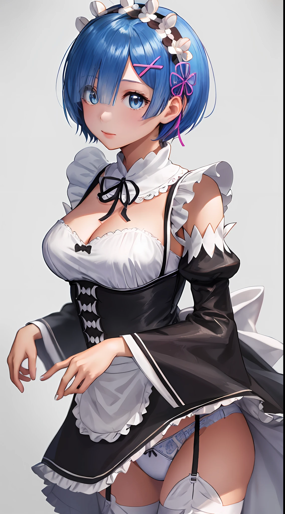 High, sharp focus, Pixiv masterpiece, ((intricate details)), very detailed, upper body, 1girl, rem_re_zero, blue hair, short hair, maid uniform, hair ornament, neckline, maid's headdress, separate sleeves, ribbon, full body, raised dress, exposed panties, white panties.