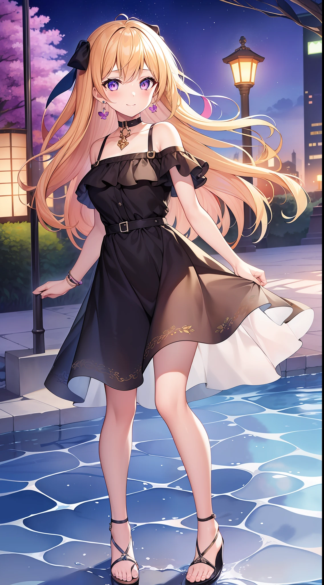 (masterpiece), best quality, expressive eyes, perfect face, 1girl, solo, bluntbangs hair, (illustration: 1.1), (best quality), (beautiful and clear background: 1.25), (extremely detailed CG unity 8k wallpaper: 1.1), (colorful: 0.9), (depth of field: 0.75), (splash ink: 0.95), (splash color: 0.85), (watercolor: 0.65), 
(detailed eyes: 1.4), golden eyes, (multicolored hair: 1.2), black hair, bright eyes, multi line in hair, glasses, long hair
(purple shirtdress: 1.4),collar, earrings, sandals,
looking_at_viewer, smile, park, outdoor, night, detailed night lamp, close up,