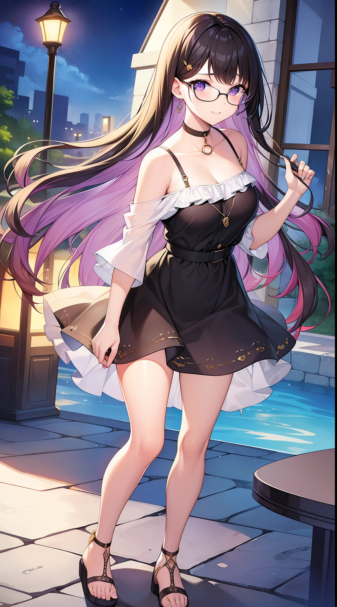 (masterpiece), best quality, expressive eyes, perfect face, 1girl, solo, bluntbangs hair, (illustration: 1.1), (best quality), (beautiful and clear background: 1.2tremely detailed CG unity 8k wallpaper: 1.1), (colorful: 0.9), (depth of field: 0.75), (splash ink: 0.95), (splash color: 0.85), (watercolor: 0.65), 
(detailed eyes: 1.4), golden eyes, (multicolored hair: 1.2), black hair, bright eyes, multi line in hair, glasses, long hair
(purple shirtdress: 1.4),collar, earrings, sandals,
looking_at_viewer, smile, park, outdoor, night, detailed night lamp, close up,