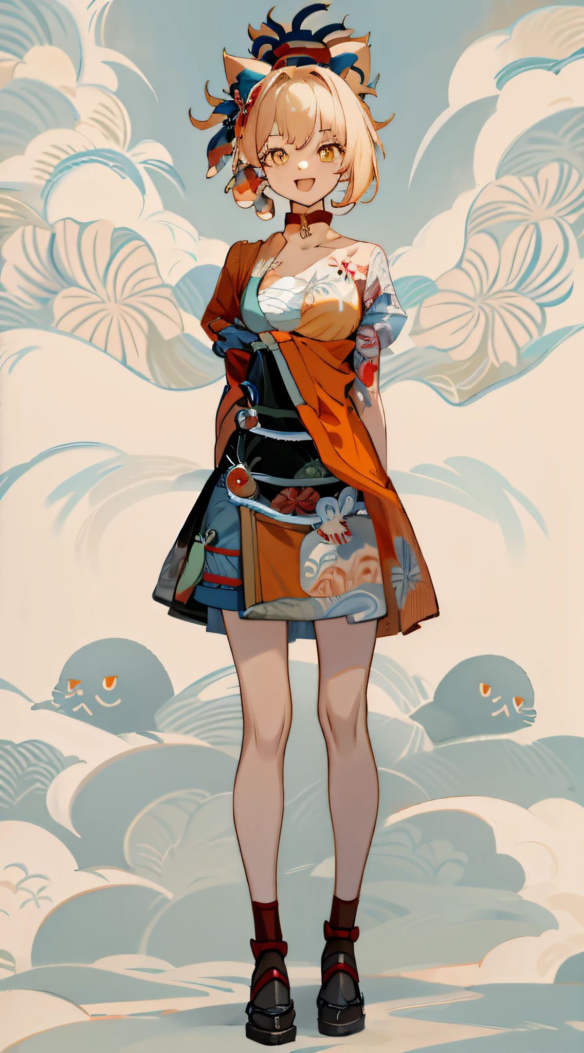 full body, upright, arms at sides, looking at viewer, pure-colored background, 1girl, open mouth, cat ears, smile, in "ukiyo-e" style
