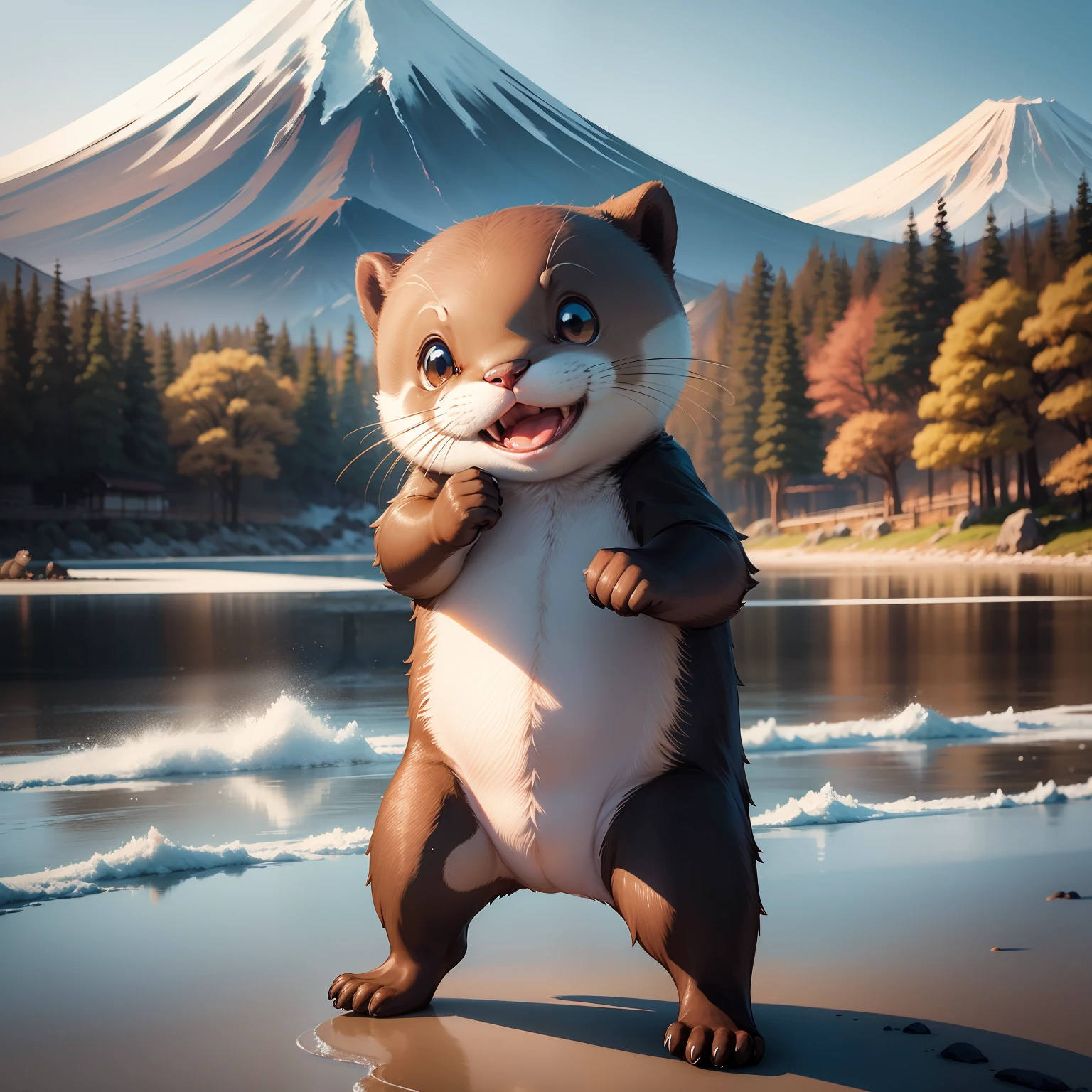 Cute otter shadowboxing in front of the Mt. Fuji troupe。Anime style。