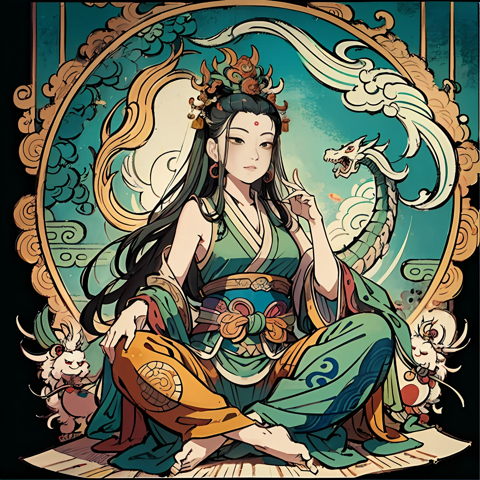 an ancient Chinese goddess, guanyin of the southern seas, Guanyin, Inspired by India, Avalokiteshvara rides a dragon,Serene expression,shui mo hua,Buddha,Buddhist,Lotus,Chinese painting style,Thangka style