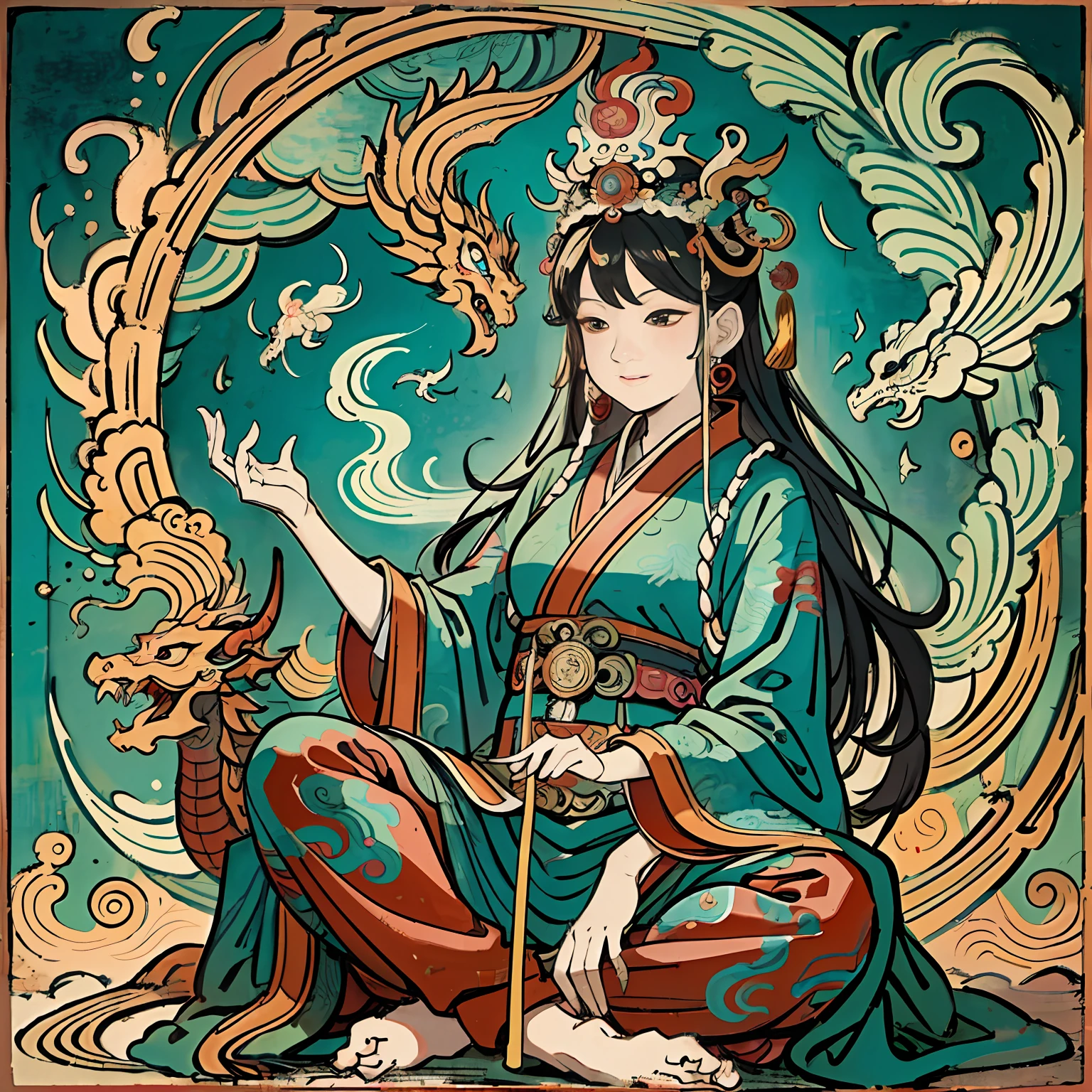 an ancient Chinese goddess, guanyin of the southern seas, Guanyin, Inspired by India, Avalokiteshvara rides a dragon,Serene expression,shui mo hua,Buddha,Buddhist,Lotus,Chinese painting style,Thangka style