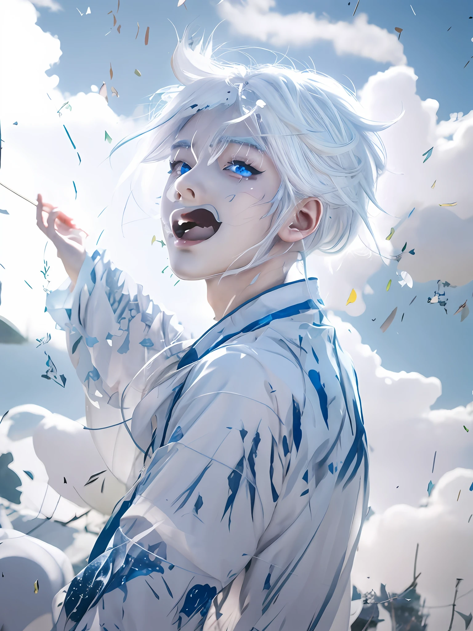 Anime boy with white hair and blue eyes standing in the rain, Guweiz in Pixiv ArtStation, Anime boy, Guweiz on ArtStation Pixiv, messy wavy white hair, zerochan art, Guviz-style artwork, white hair floating in air, nevando, trending on artstation pixiv, white haired Cangcang