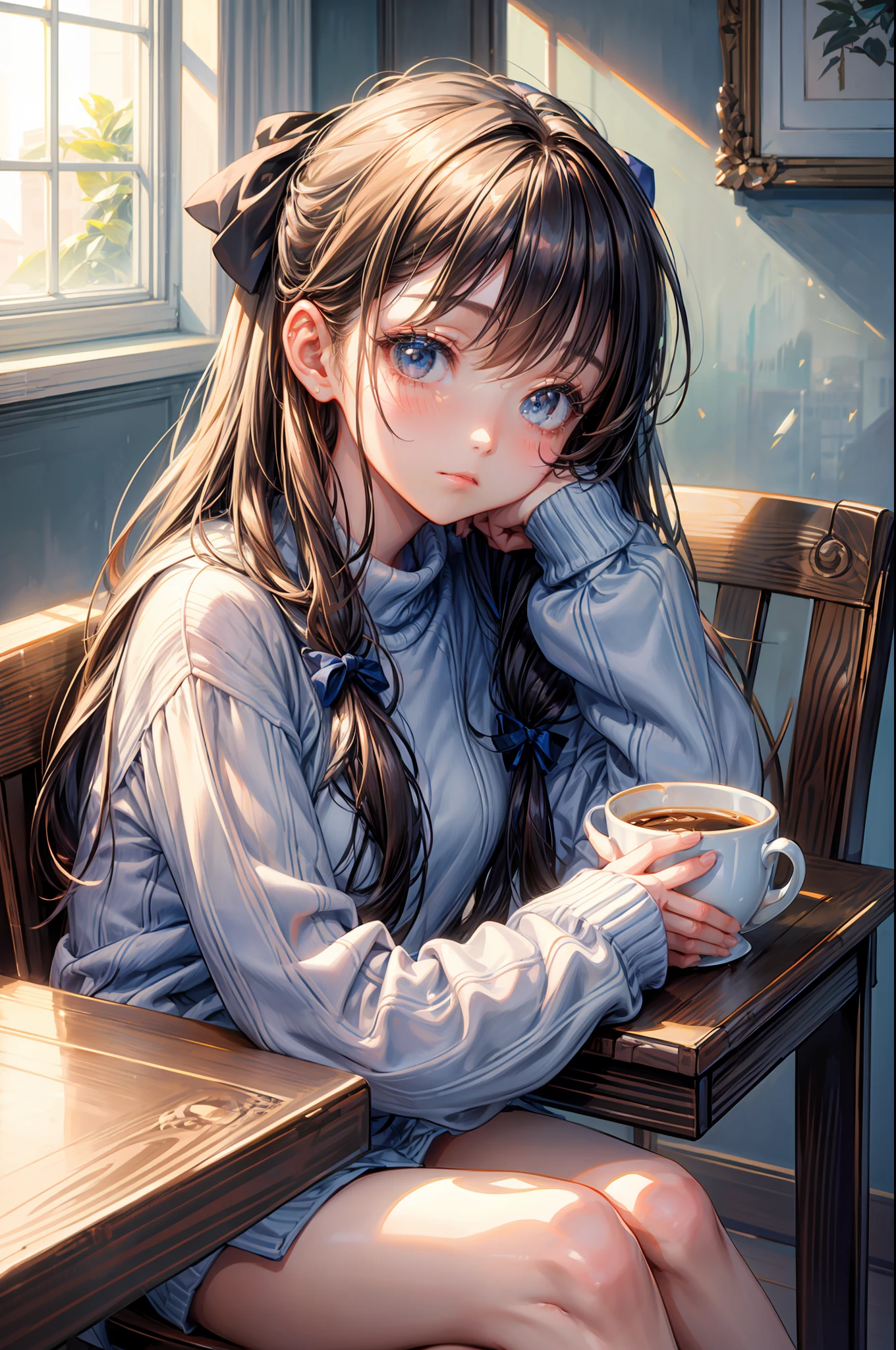 masterpiece, best quality,Reina, 1girl, solo, long hair, window, sitting, indoors, table, sleeves past wrists, cafe, hair bow, head rest, closed mouth, blue sweater, upper body