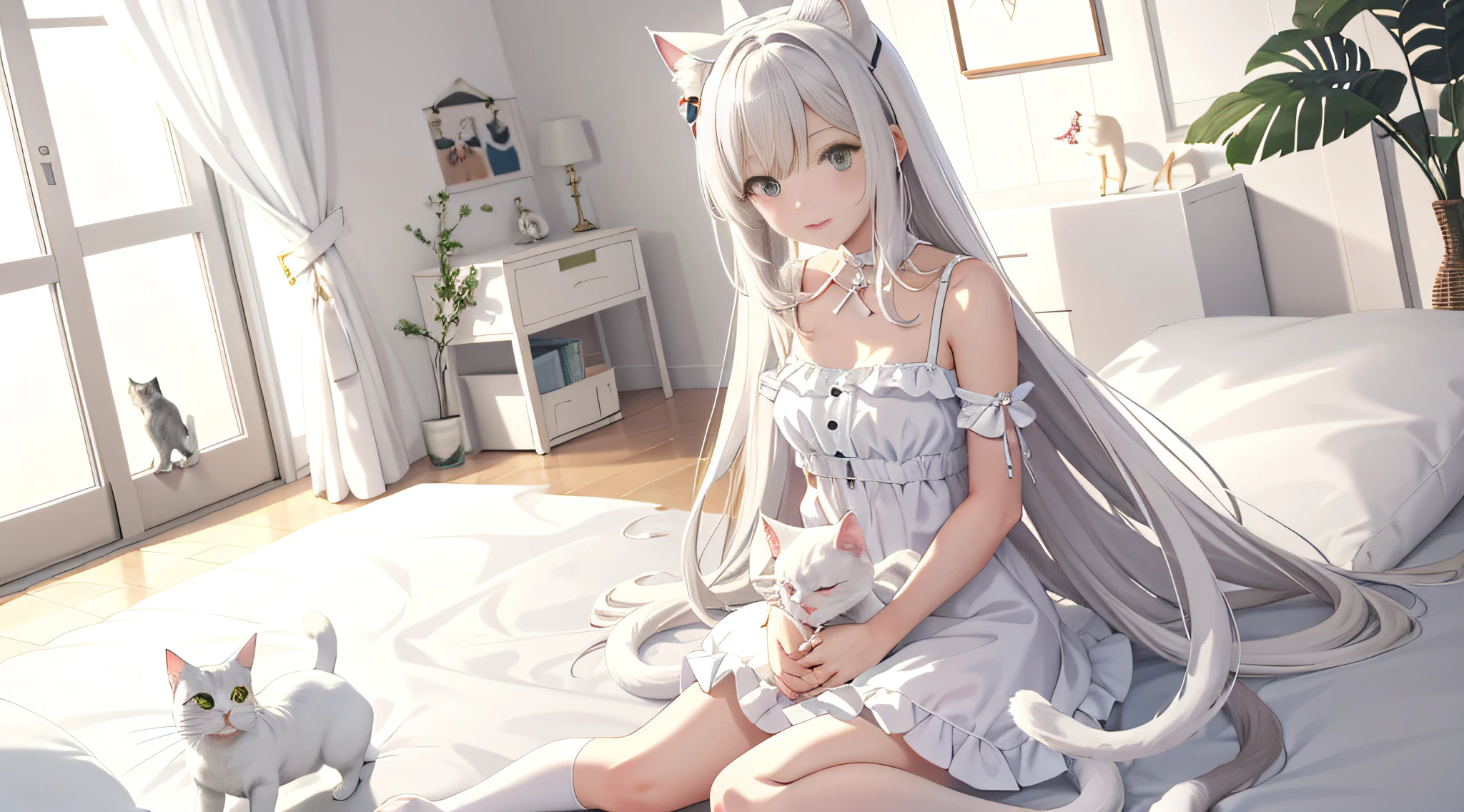 anime girl in white dress sitting on bed with cat and cat toy, cute anime catgirl, anime catgirl, beautiful anime catgirl, cat woman, White Cat Girl, Soft anime illustration, Very beautiful anime cat girl, nekomimi, anime cat, Attractive cat girl, at pixiv, very beautiful cute catgirl, anime moe art style, Cat girl
