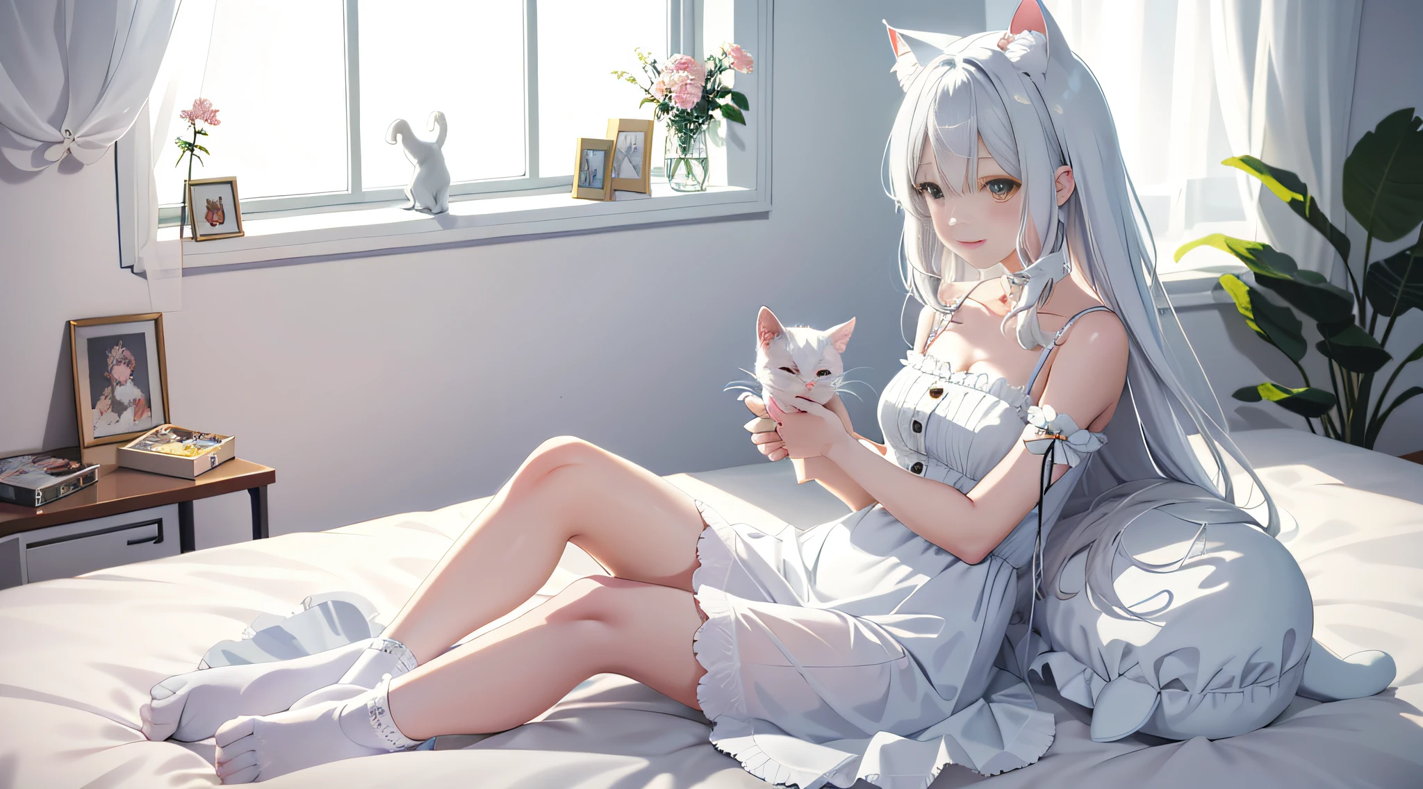 anime girl in white dress sitting on bed with cat and cat toy, cute anime catgirl, anime catgirl, beautiful anime catgirl, cat woman, White Cat Girl, Soft anime illustration, Very beautiful anime cat girl, nekomimi, anime cat, Attractive cat girl, at pixiv, very beautiful cute catgirl, anime moe art style, Cat girl