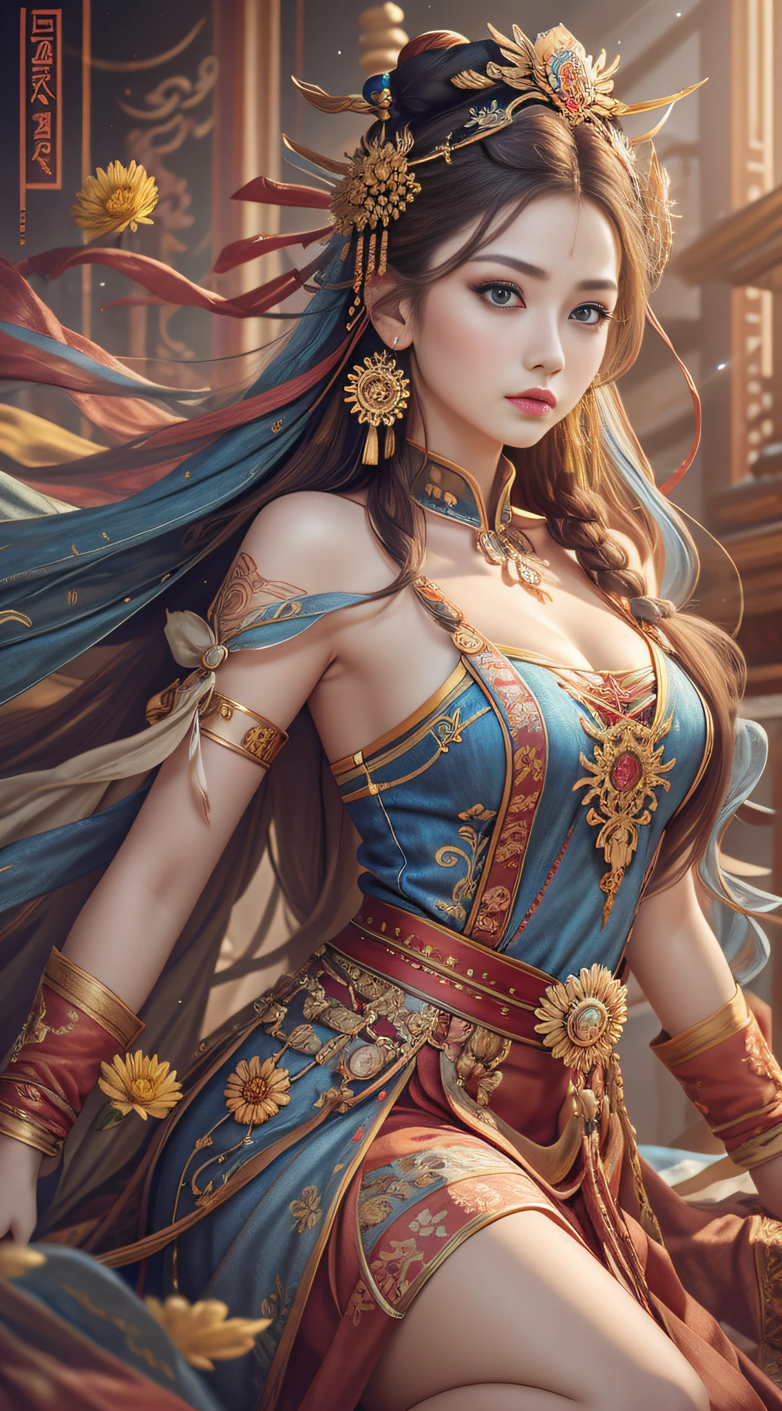 Best Quality, Masterpiece, Ultra-Detailed High Resolution, (Realistic: 1.4), Original Photo, , Illustration, 1 Girl, Handheld Weapon, (Solo Exhibition: 1.2), (Denim Lens: 1.2), (Hair Crown: 1.2), Chinese Dunhuang Traditional Costume, No Straps, (Red Eyeliner: 1.2), (Black Eyes: 1.4), Earrings, Dynamic Angle, Opera House, messy_long_hair, Ink, Movie Lights, lens_flare, Velvet, Chrysanthemum, Tassels, Ribbon, colorful embroidery, upper body, facing the camera, dynamic pose, large chest, embroidered cloth shoes