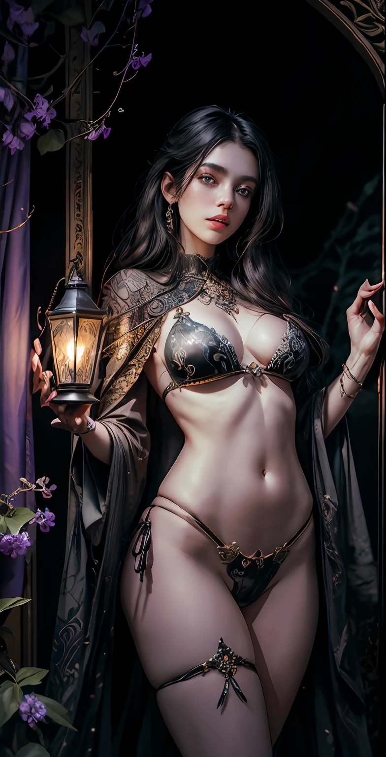 An intricate and stunning latern with glowing lights, delicately patterned metal, and vibrant colors on a dark background. Nighttime cityscape surroundings, gentle mist, and a hint of mystical ambiance.1girl,alraune, flower,perfect breasts, navel,black_hair,wisteria, parted lips,white bikini,