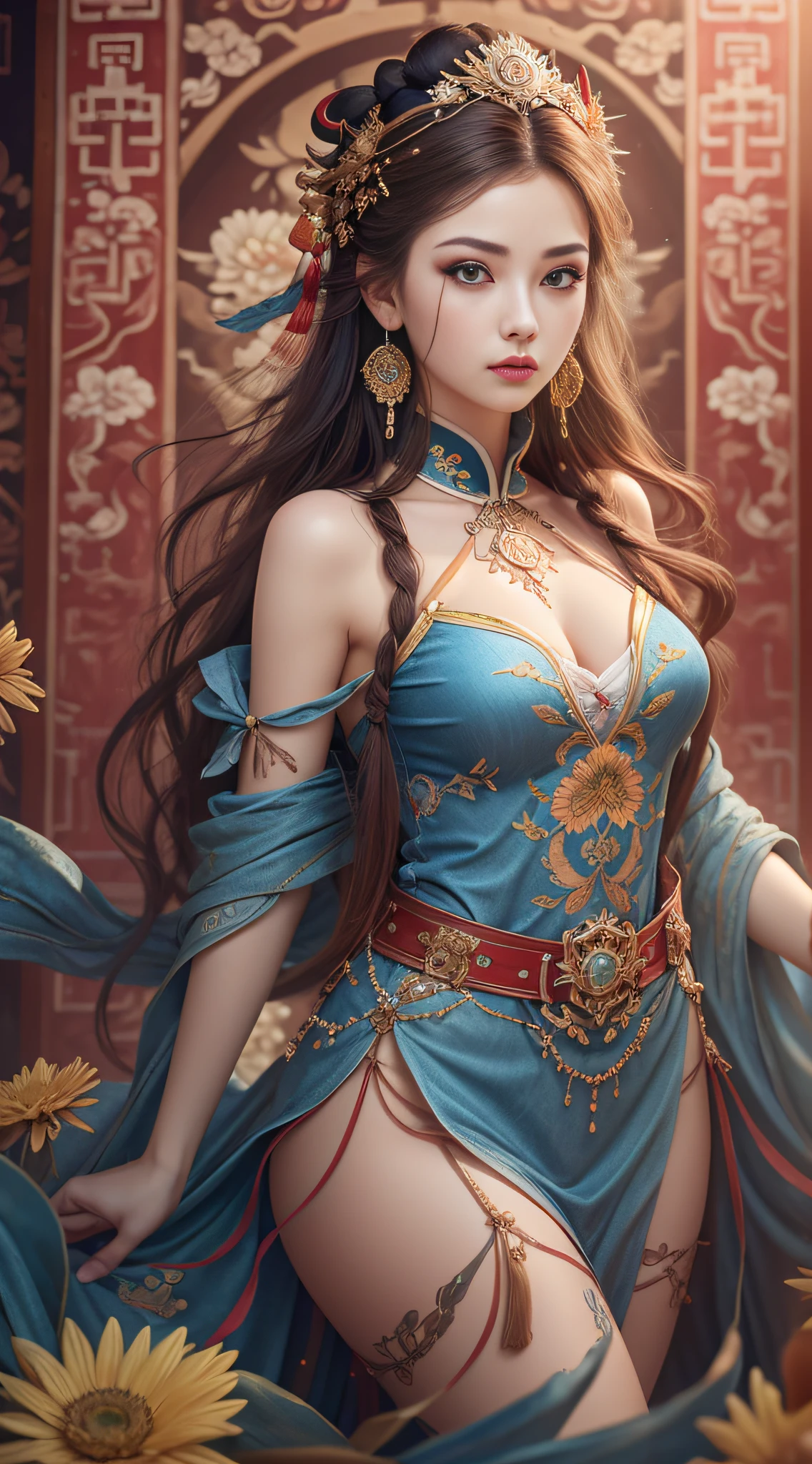 Best Quality, Masterpiece, Ultra-Detailed High Resolution, (Realistic: 1.4), Original Photo, , Illustration, 1 Girl, Handheld Weapon, (Solo Exhibition: 1.2), (Denim Lens: 1.2), (Hair Crown: 1.2), Chinese Dunhuang Traditional Costume, No Straps, (Red Eyeliner: 1.2), (Black Eyes: 1.4), Earrings, Dynamic Angle, Opera House, messy_long_hair, Ink, Movie Lights, lens_flare, Velvet, Chrysanthemum, Tassels, Ribbon, colorful embroidery, upper body, facing the camera, dynamic pose, large chest, embroidered cloth shoes
