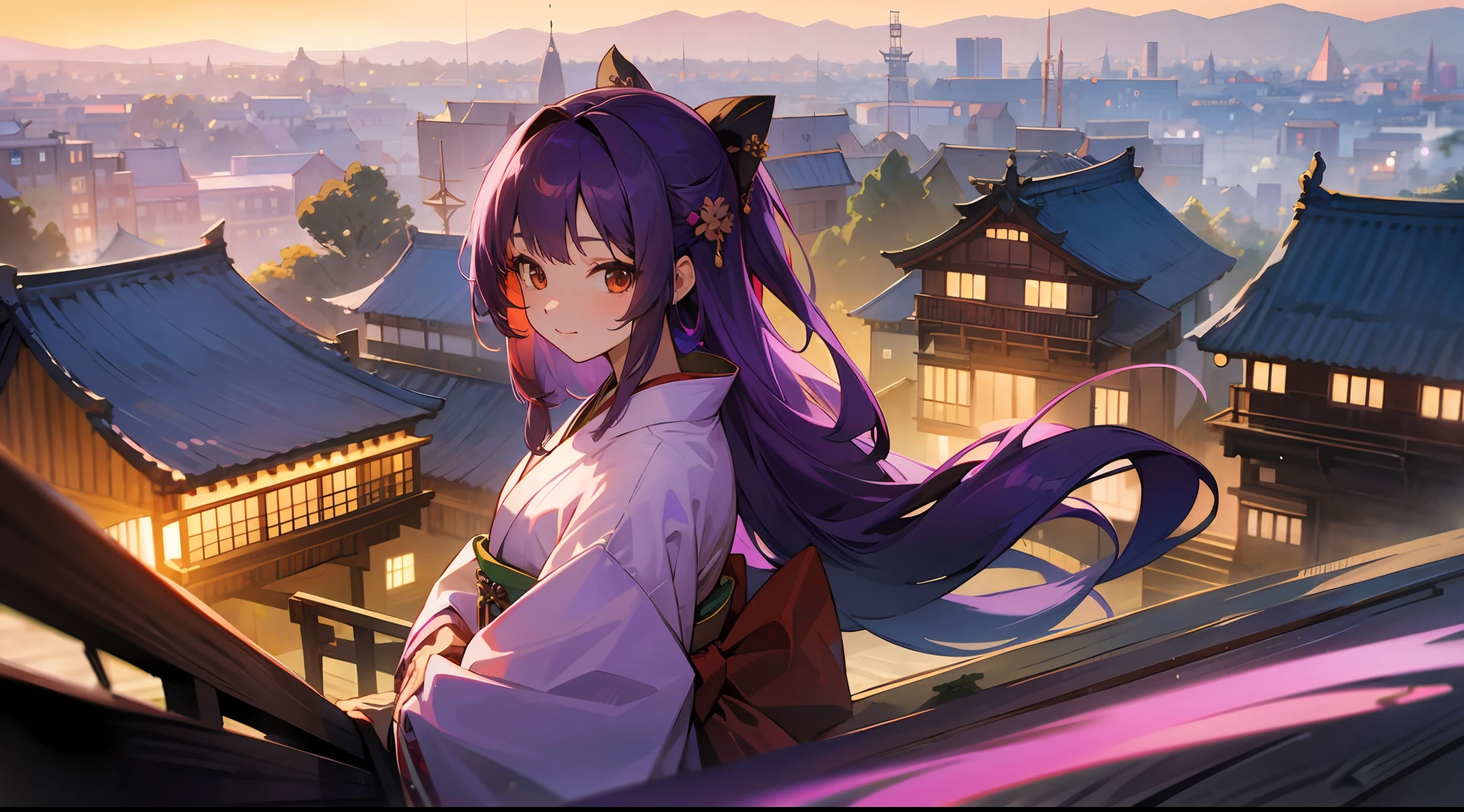 1 girl, long purple hair, brown eyes, wearing kimono, village, city light, high res, ultrasharp, 8k, masterpiece, looking at viewer