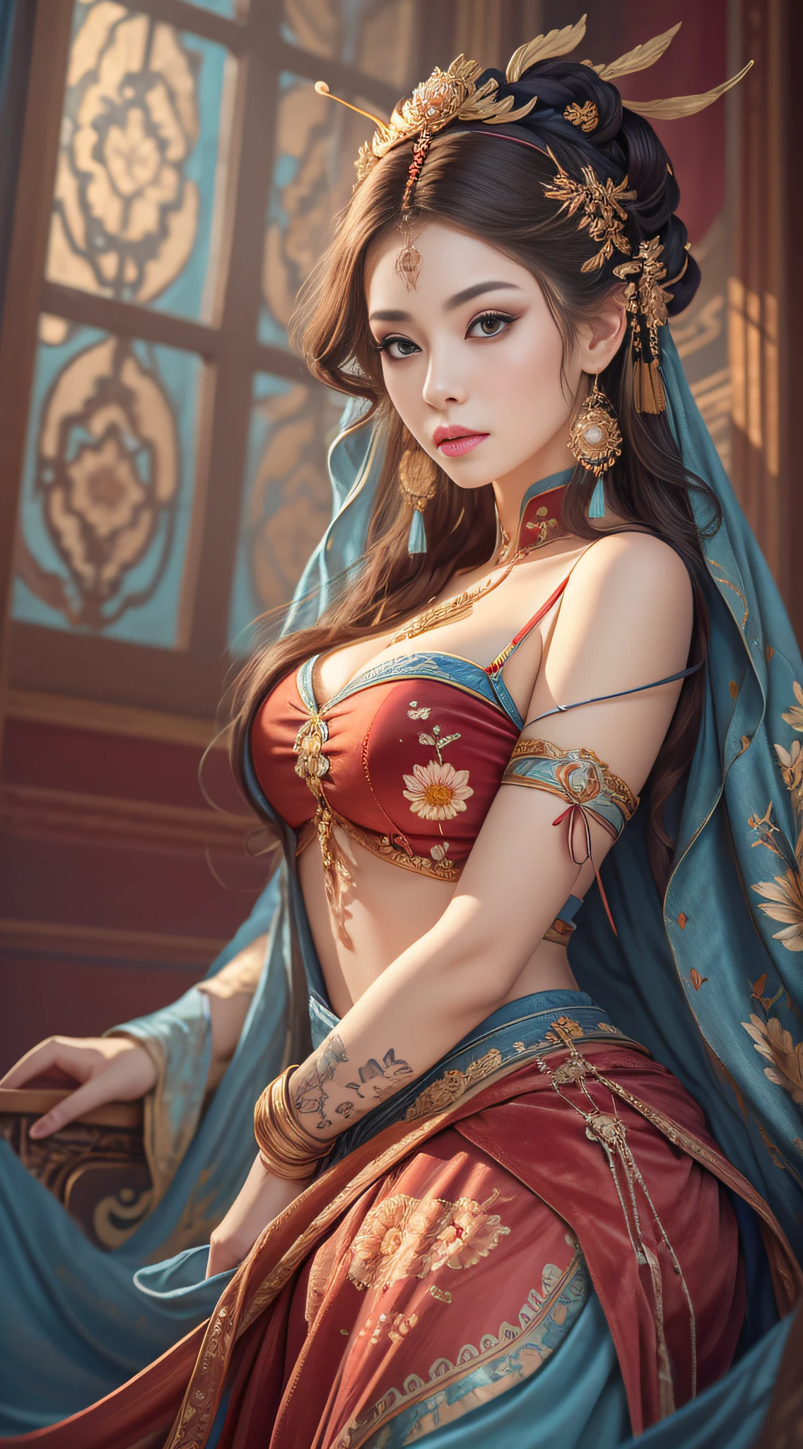 Best Quality, Masterpiece, Ultra-Detailed High Resolution, (Realistic: 1.4), Original Photo, , Illustration, 1 Girl, Handheld Weapon, (Solo Exhibition: 1.2), (Denim Lens: 1.2), (Hair Crown: 1.2), Chinese Dunhuang Traditional Costume, No Straps, (Red Eyeliner: 1.2), (Black Eyes: 1.4), Earrings, Dynamic Angle, Opera House, messy_long_hair, Ink, Movie Lights, lens_flare, Velvet, Chrysanthemum, Tassels, Ribbon, colorful embroidery, upper body, facing the camera, dynamic pose, large chest, embroidered cloth shoes