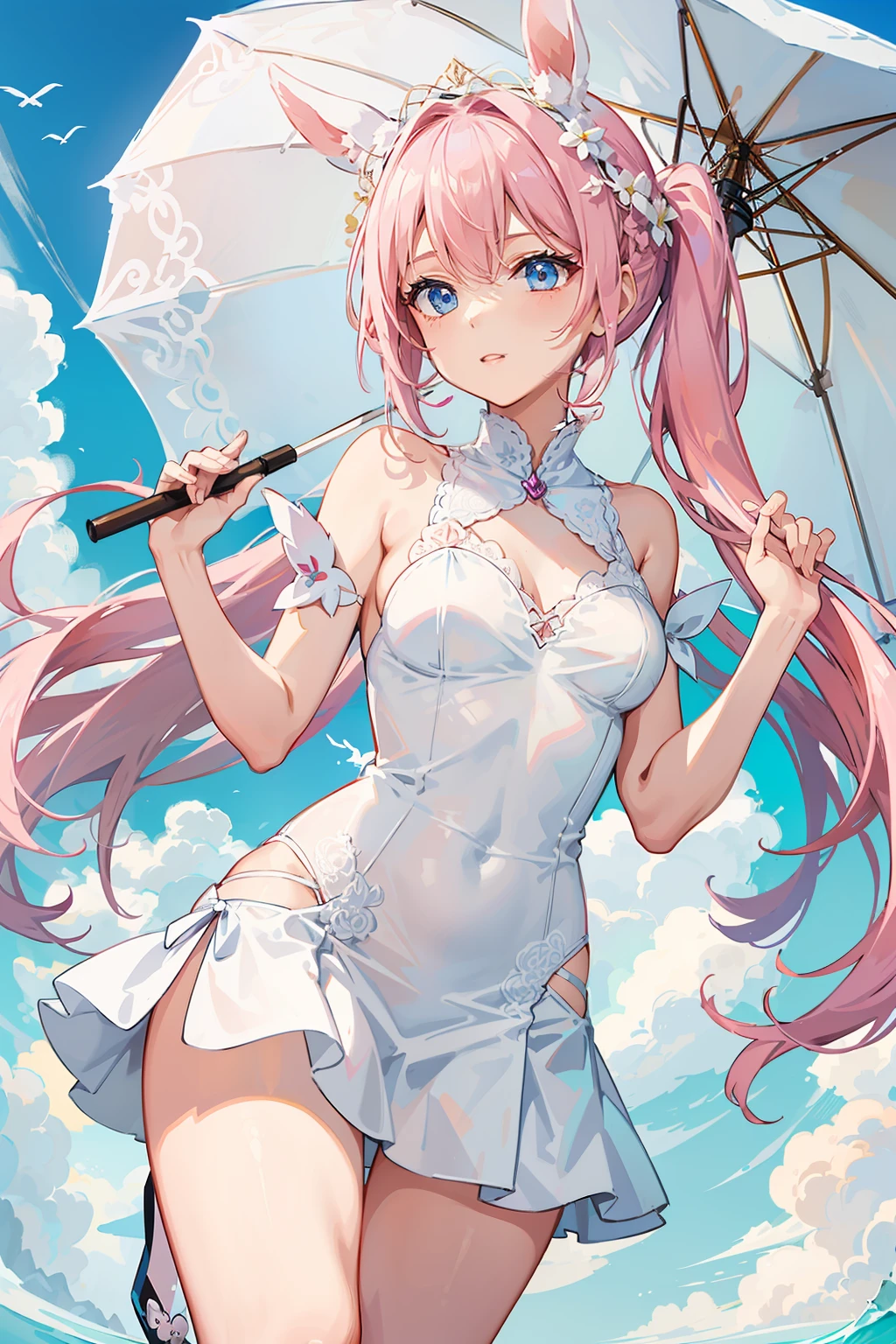 With an umbrella,A gorgeous design white slip dress,Whole body diagram,A pink-haired,blue color eyes,ornate headdress,Rabbit element,Angel element。